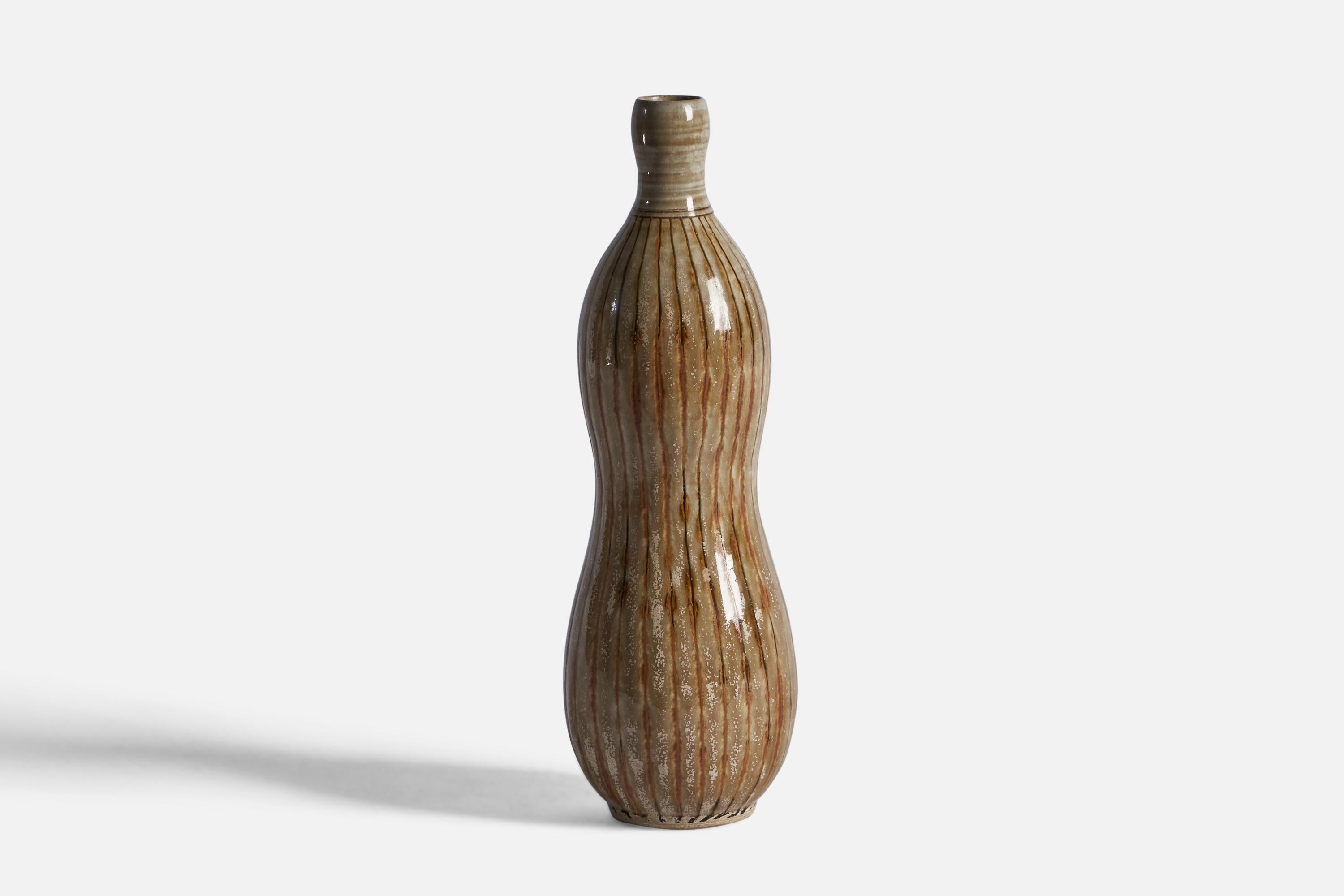 A beige and brown-glazed stoneware vase designed and produced by John Andersson, Höganäs, Sweden, c. 1950s.