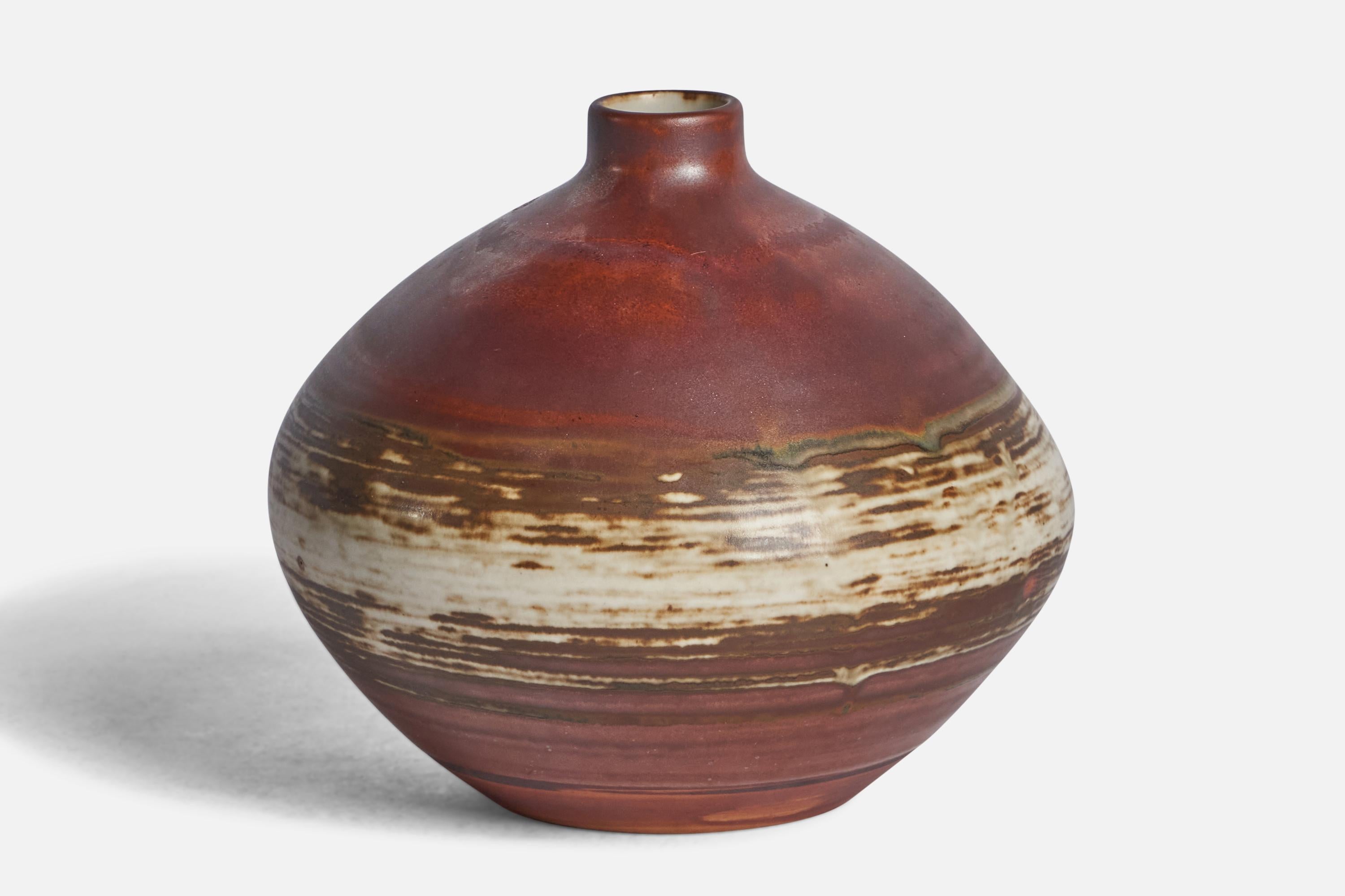A red brown and off-white glazed stoneware vase designed and produced by John Andersson, Höganäs, Sweden, 1960s.