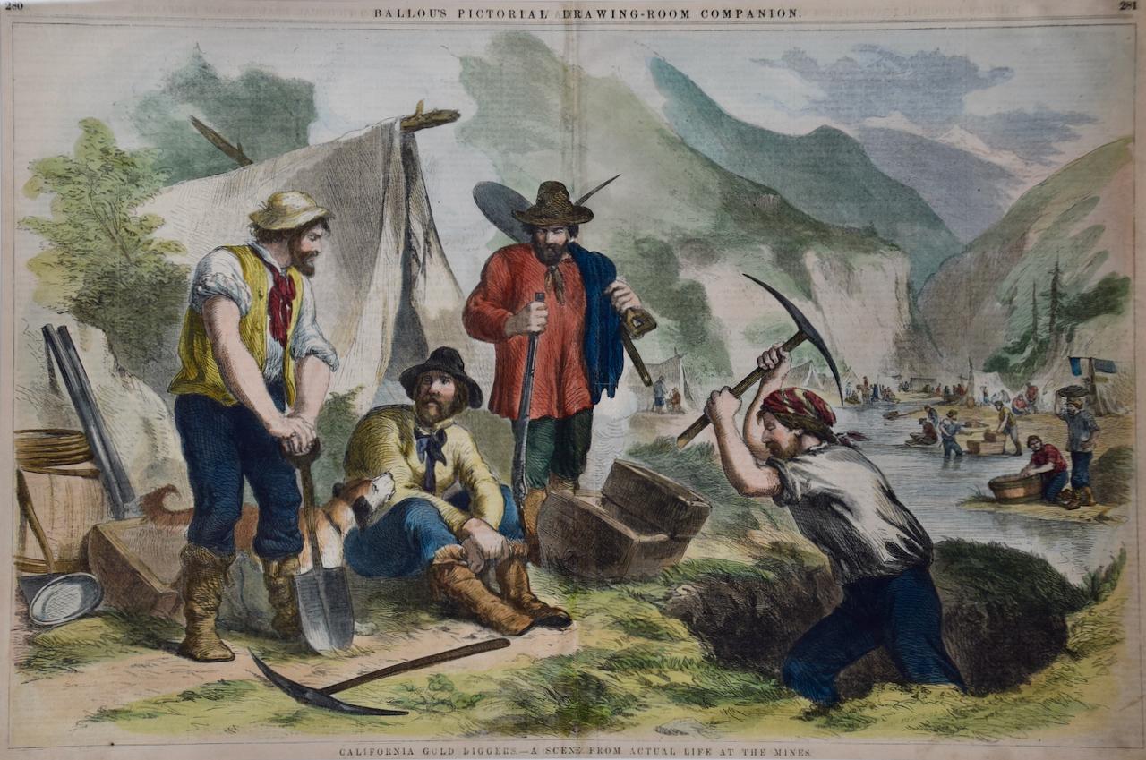 „California Gold Diggers“: Eine handkolorierte Goldblumenszene im Holzschliff, 19. Jahrhundert – Print von John Andrew