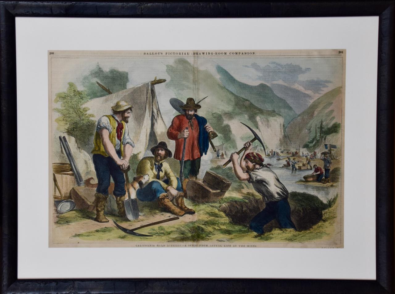 „California Gold Diggers“: Eine handkolorierte Goldblumenszene im Holzschliff, 19. Jahrhundert