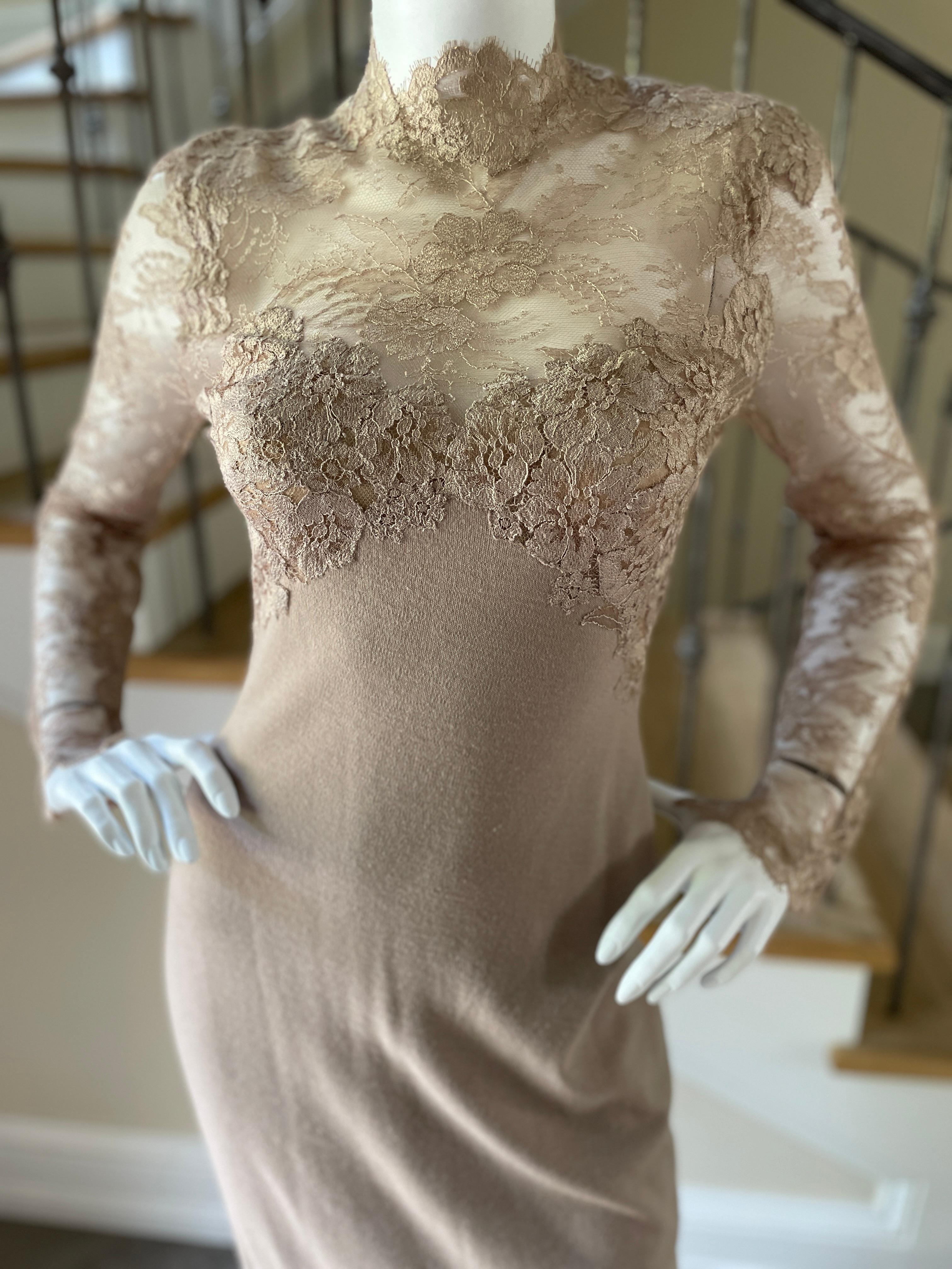 Brown John Anthony Alluring Vintage Nude Lace Trim Evening Dress For Sale