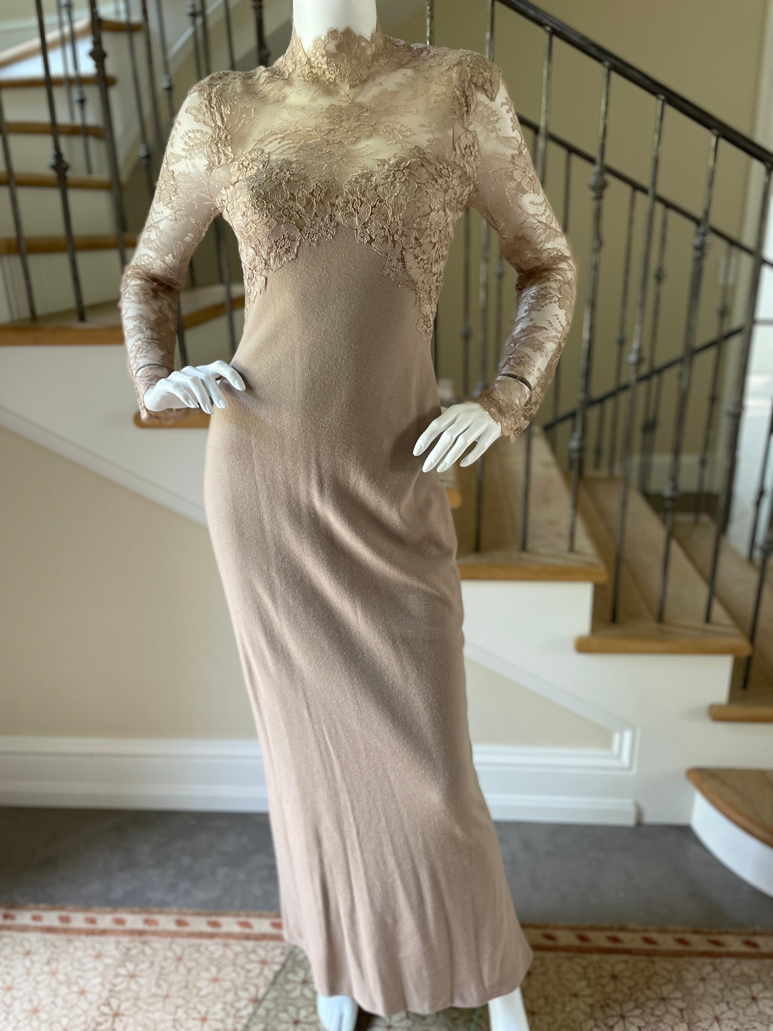 John Anthony Alluring Vintage Nude Lace Trim Evening Dress In Excellent Condition For Sale In Cloverdale, CA