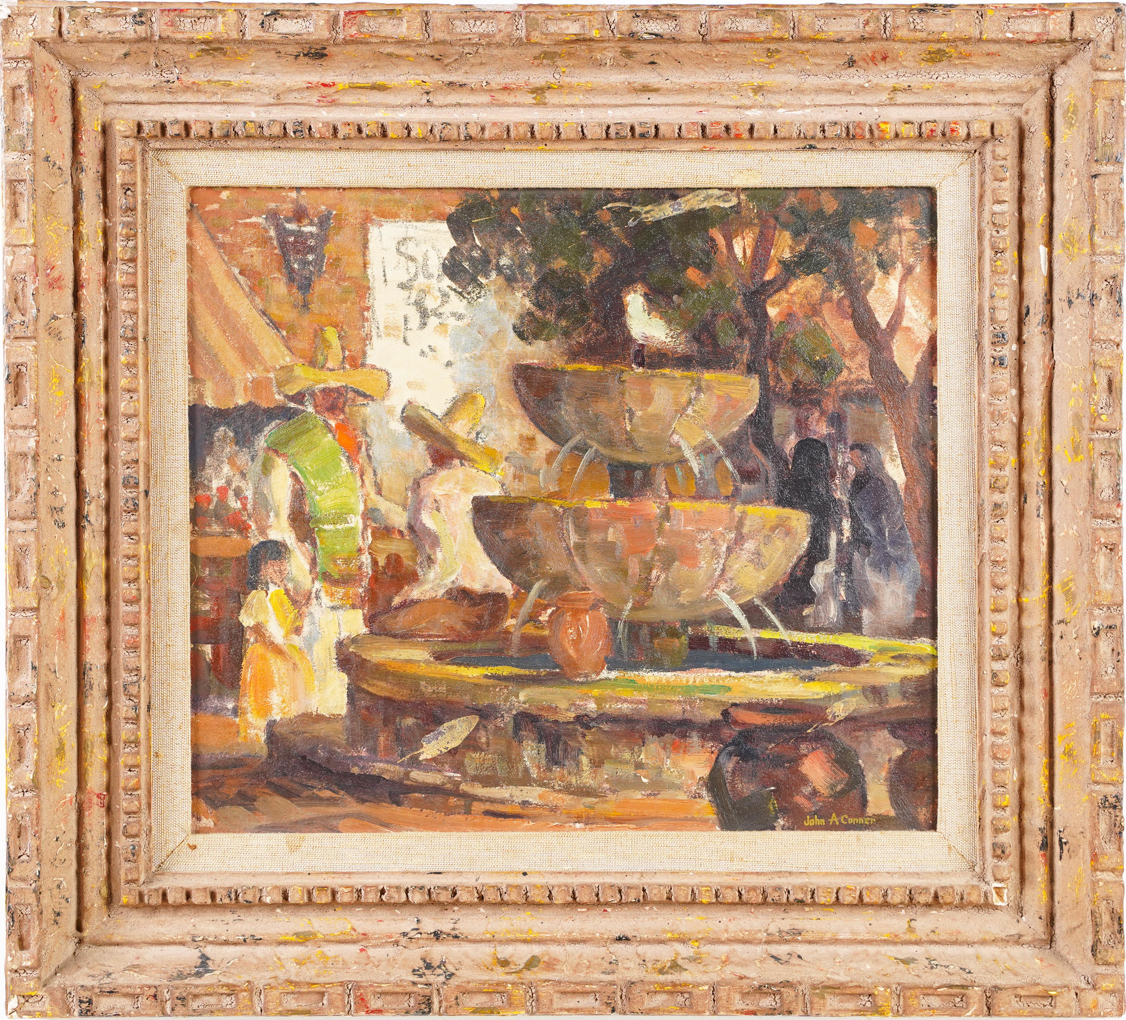 John Anthony Conner Landscape Painting - Antique American in Mexico Impressionist Village Fountain Signed Framed Painting