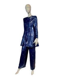 John Anthony Couture Blaues strukturiertes Kleid/Oberteil mit Pailletten und Hose mit hoher Taille
