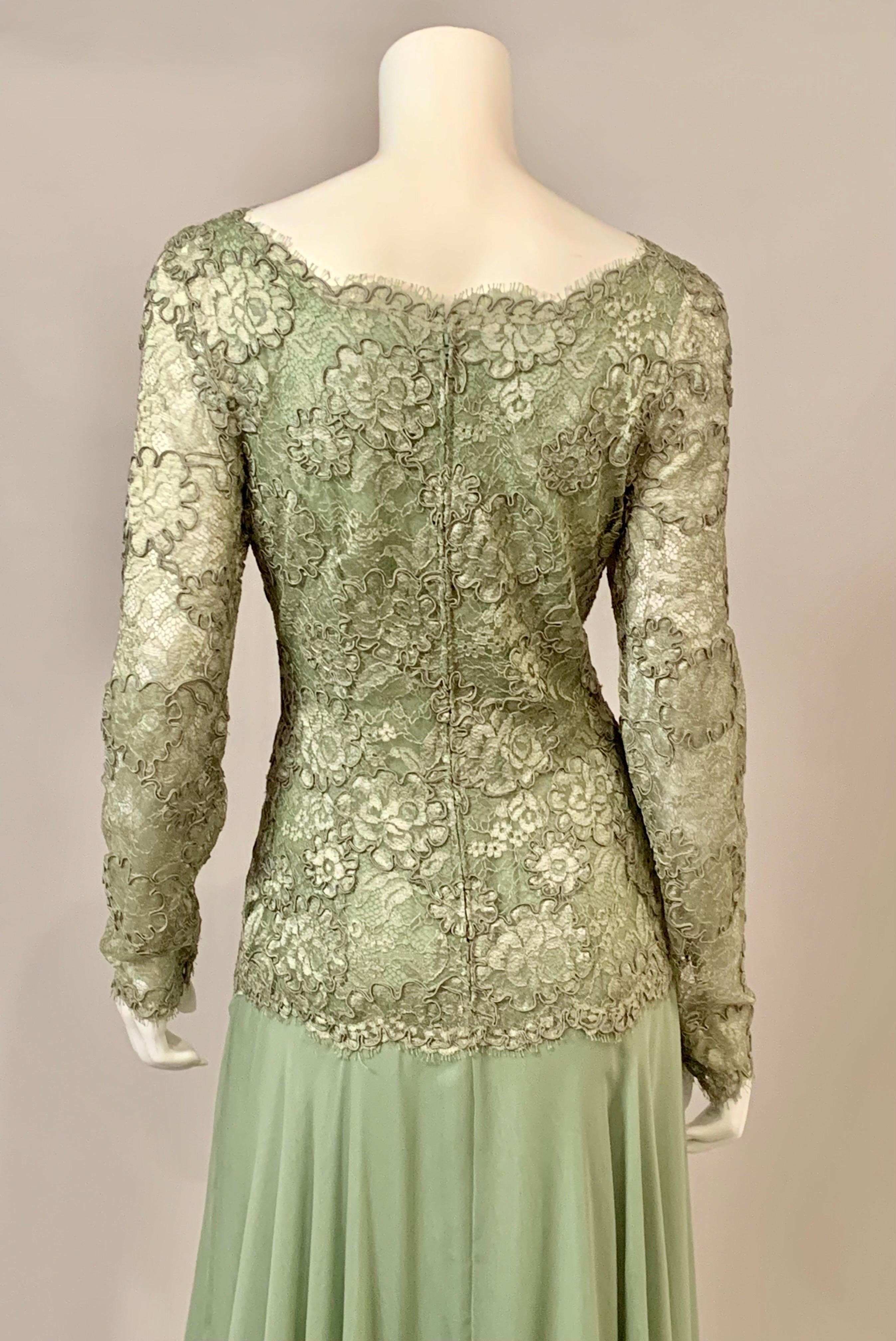 John Anthony Couture Level Green Lace and Silk Chiffon Evening Dress For Sale 5