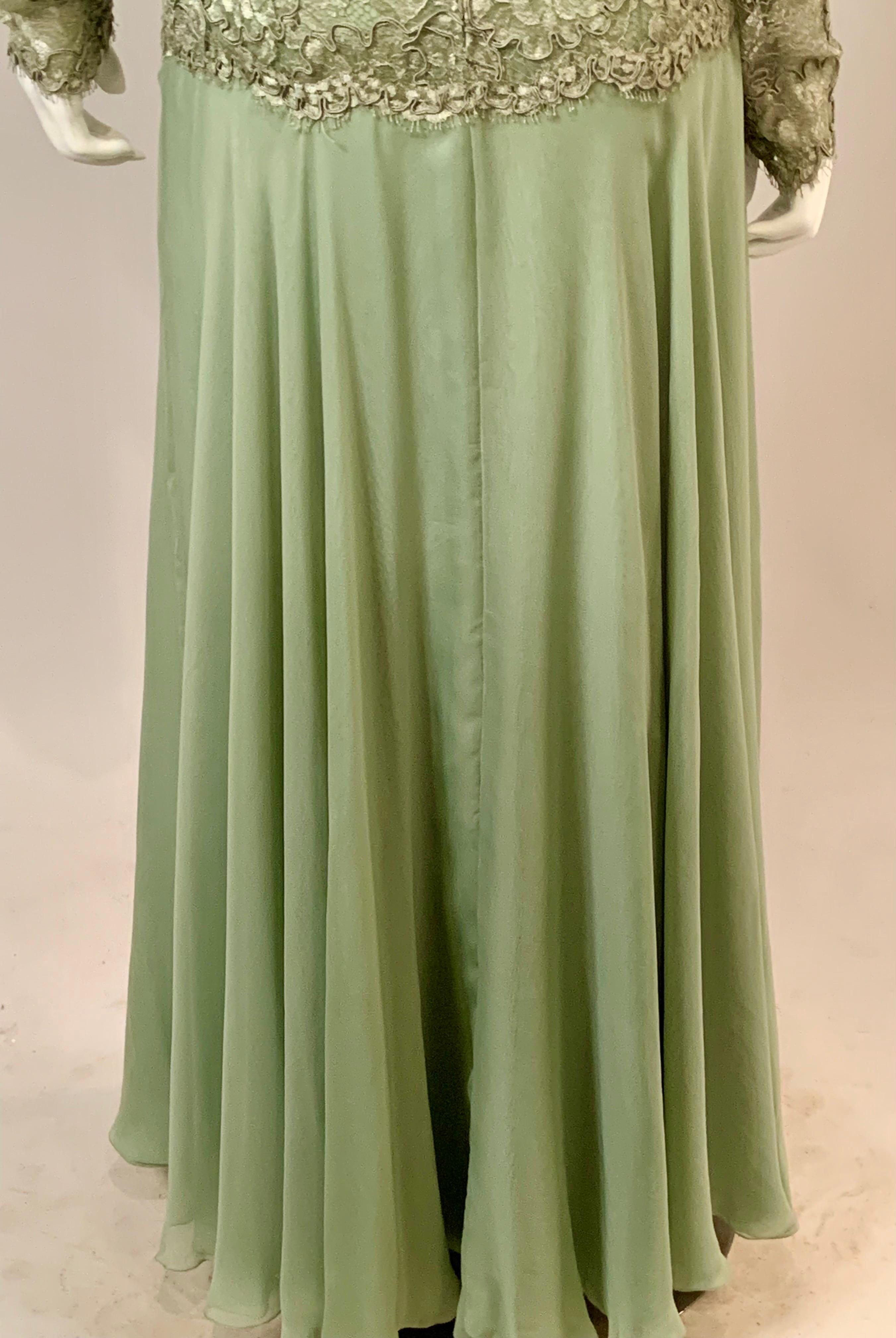 John Anthony Couture Level Green Lace and Silk Chiffon Evening Dress For Sale 6