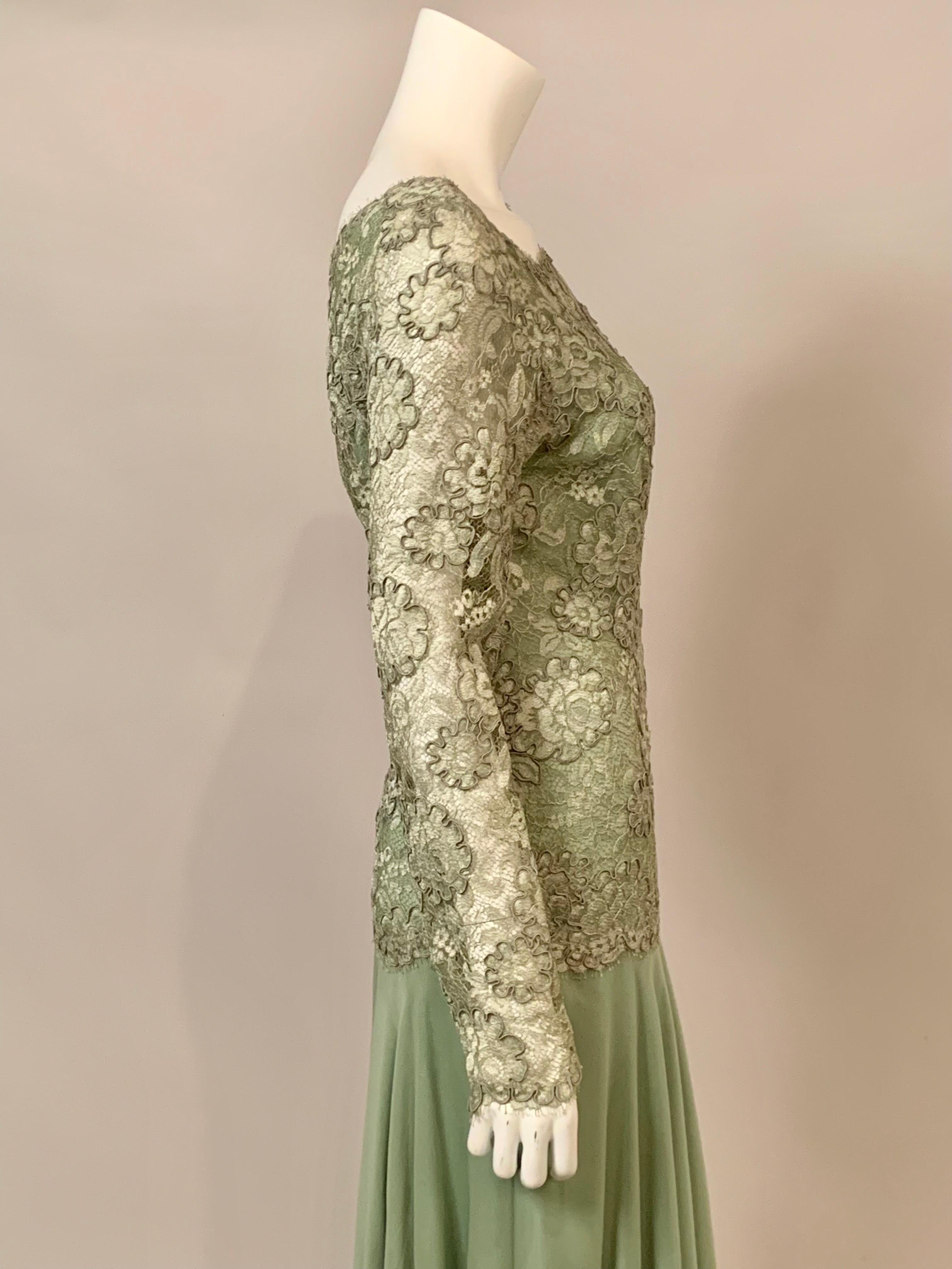 John Anthony Couture Level Green Lace and Silk Chiffon Evening Dress For Sale 7