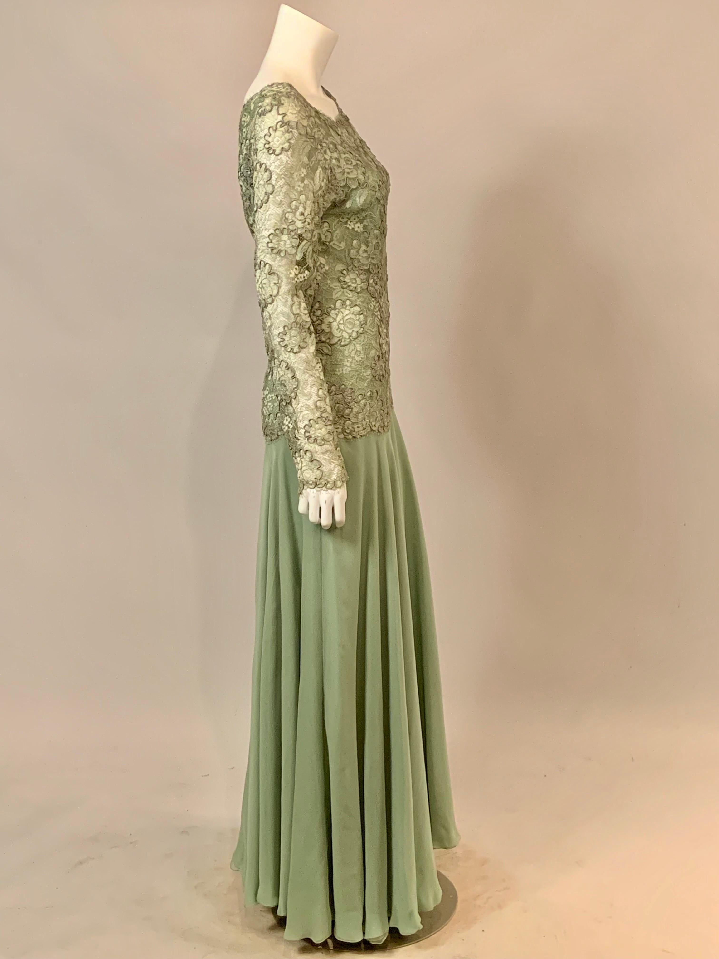 John Anthony Couture Level Green Lace and Silk Chiffon Evening Dress For Sale 9