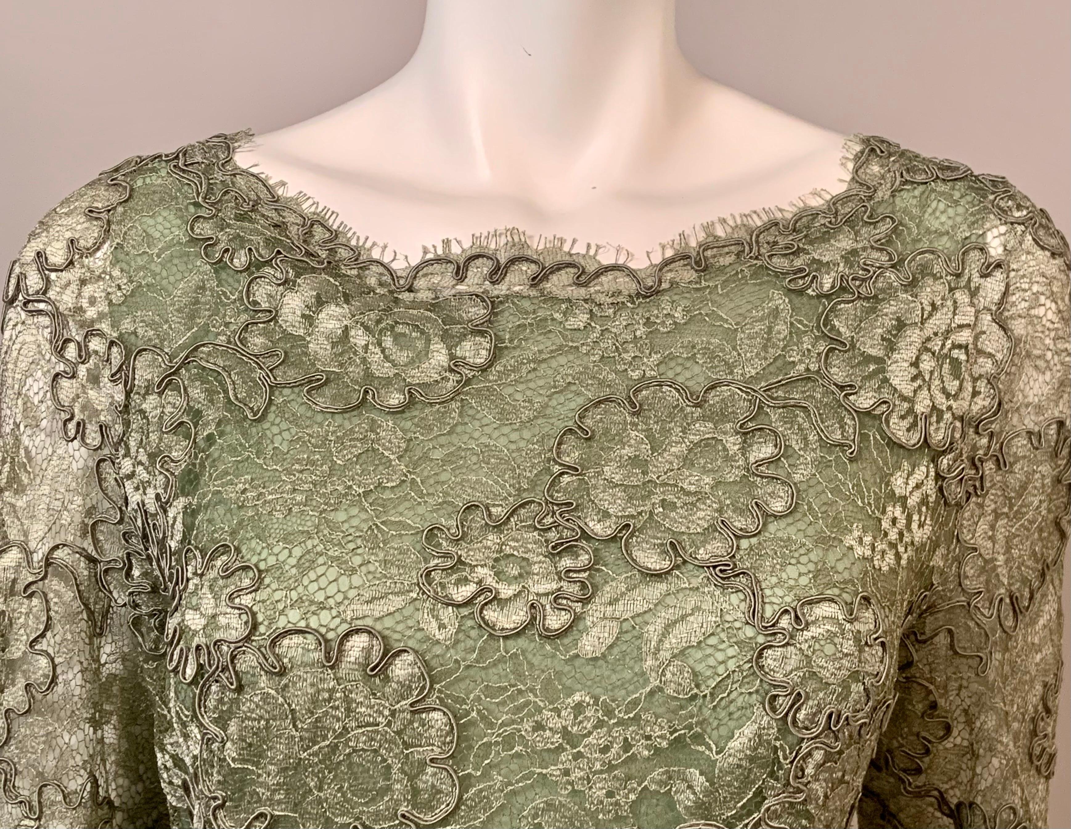 John Anthony Couture Level Green Lace and Silk Chiffon Evening Dress In Excellent Condition For Sale In New Hope, PA