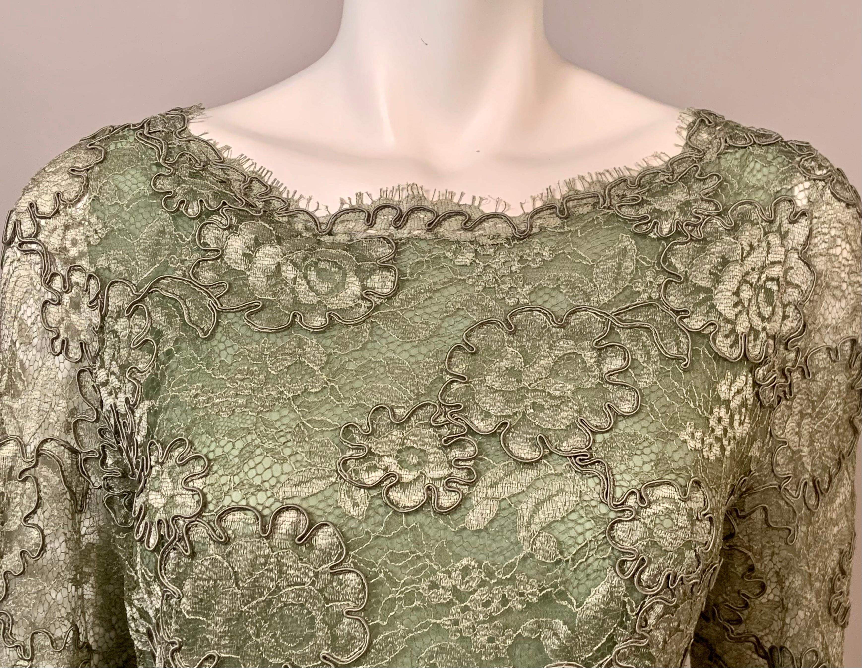 Brown John Anthony Couture Level Green Lace and Silk Chiffon Evening Dress For Sale