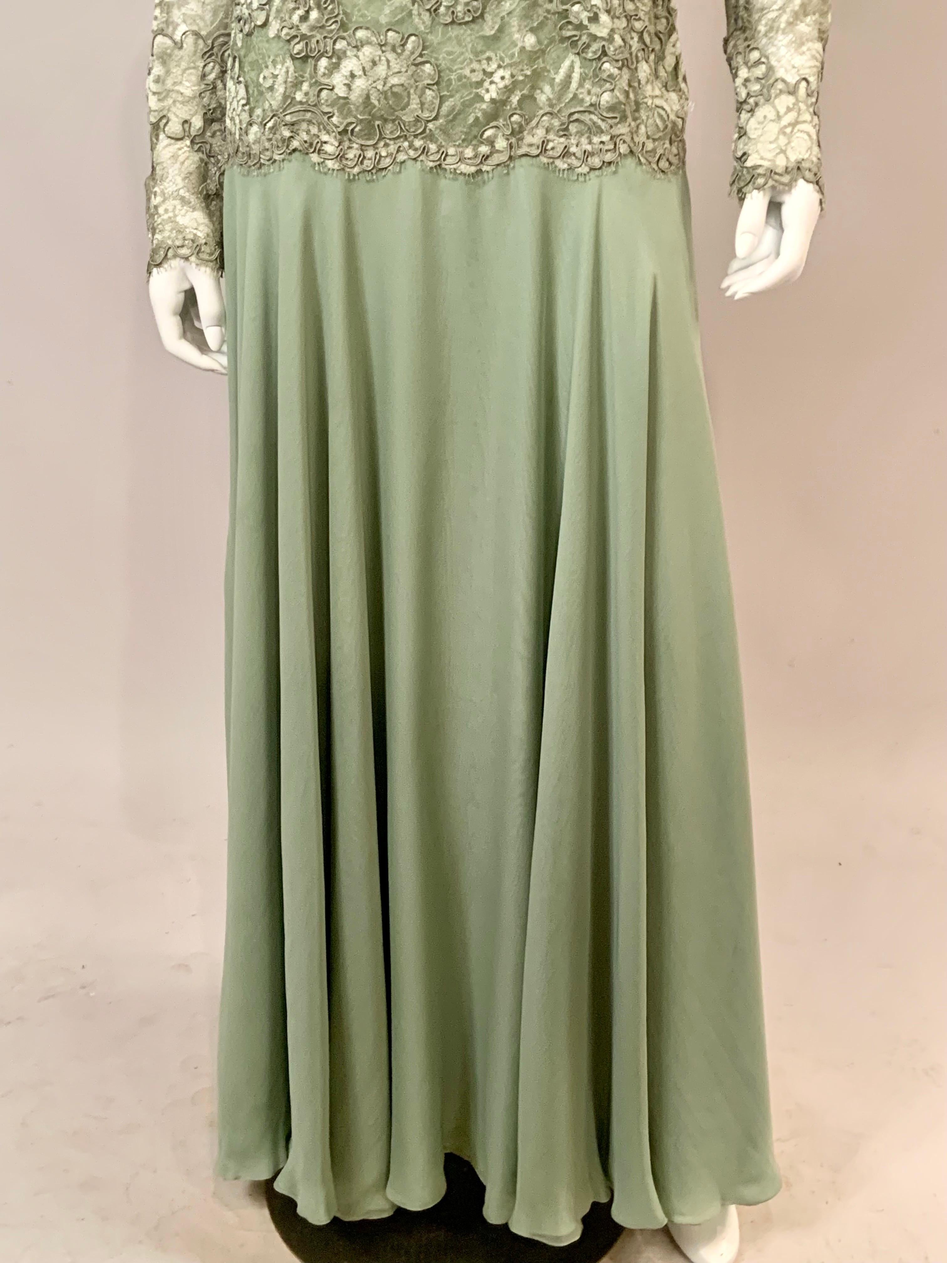 John Anthony Couture Level Green Lace and Silk Chiffon Evening Dress In Excellent Condition For Sale In New Hope, PA