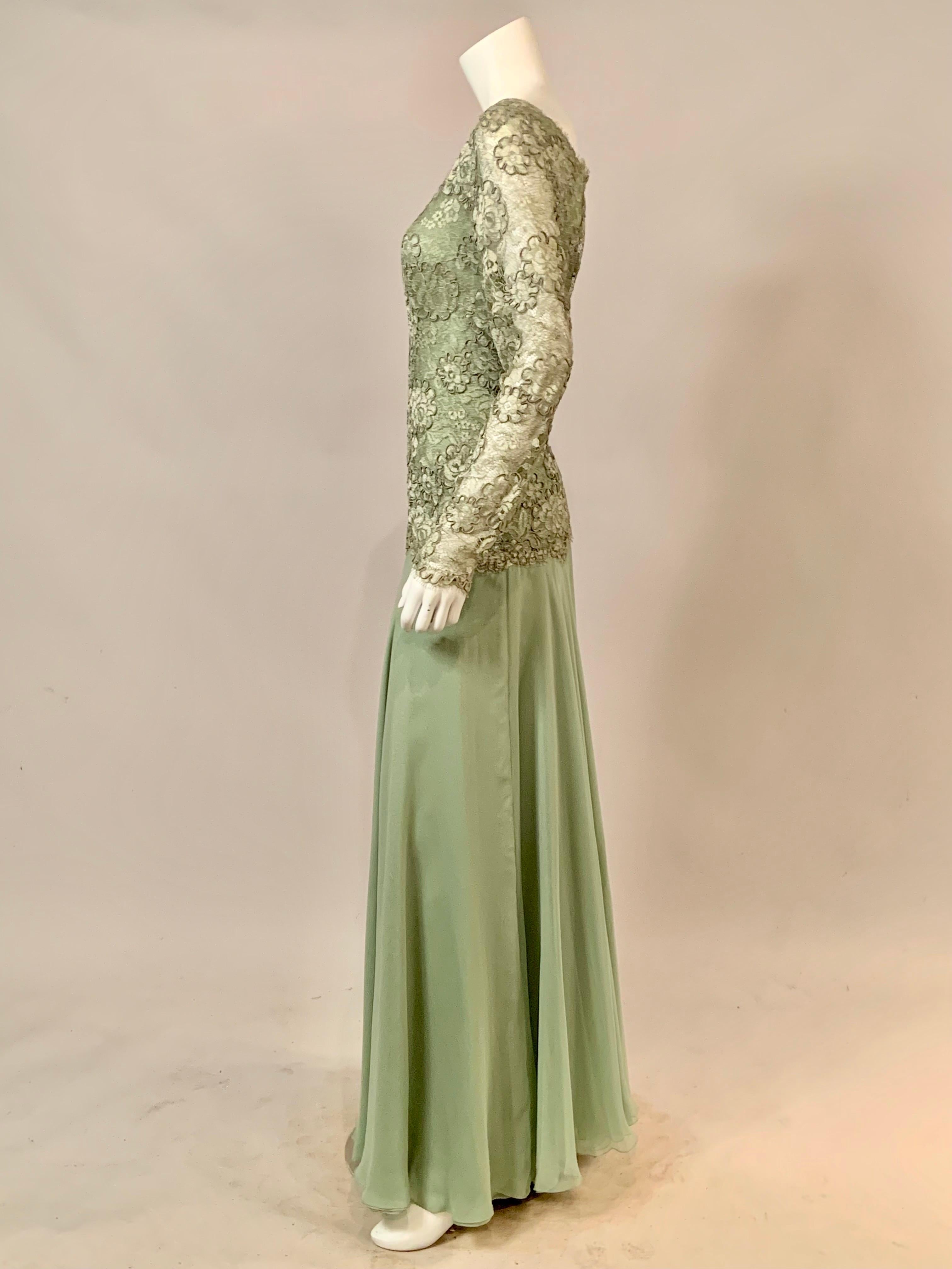 John Anthony Couture Level Green Lace and Silk Chiffon Evening Dress For Sale 2