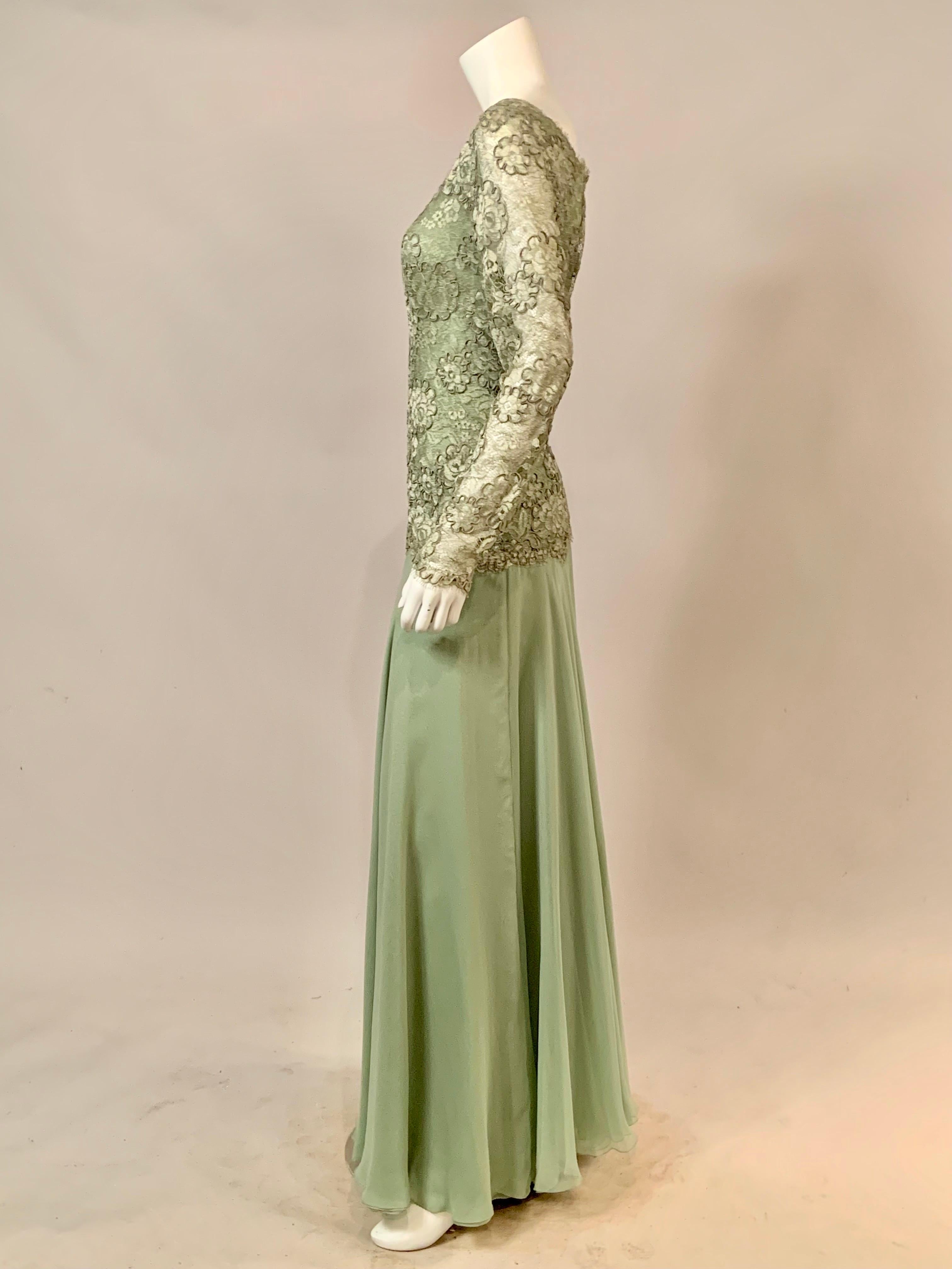 John Anthony Couture Level Green Lace and Silk Chiffon Evening Dress For Sale 1