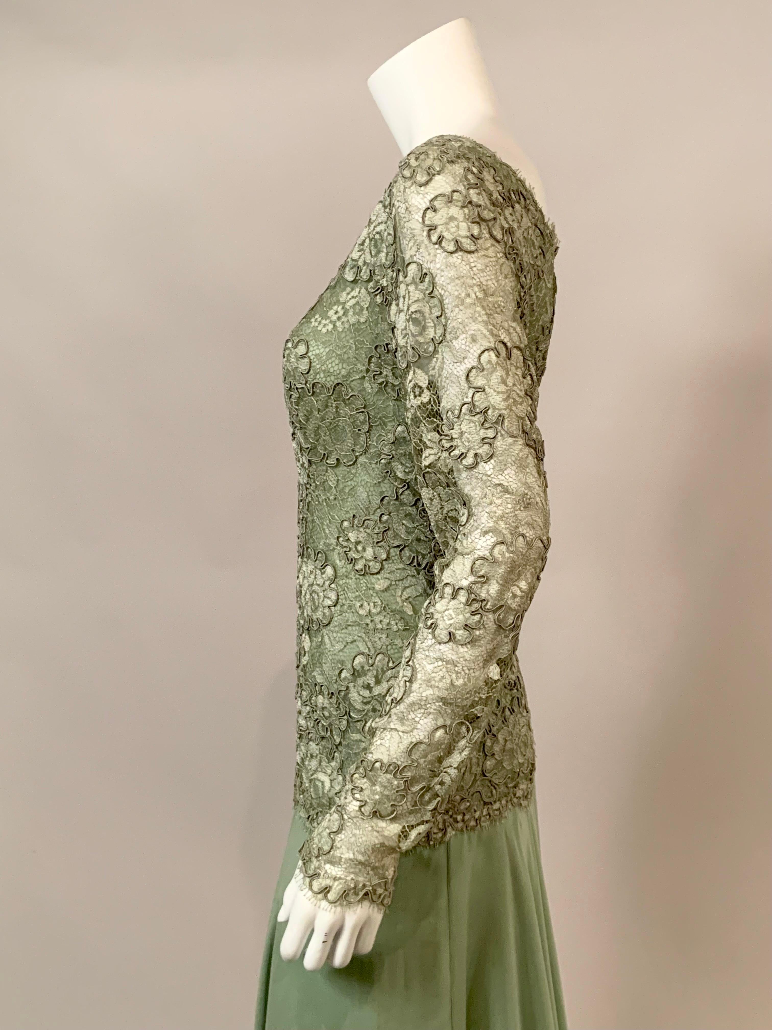 John Anthony Couture Level Green Lace and Silk Chiffon Evening Dress For Sale 3