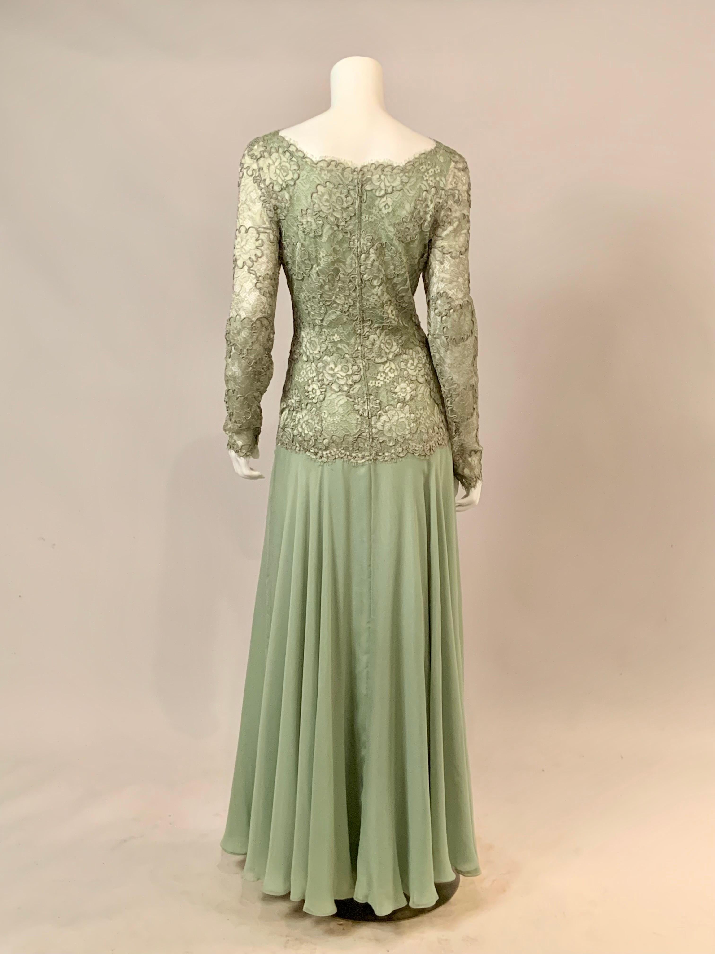 John Anthony Couture Level Green Lace and Silk Chiffon Evening Dress For Sale 4
