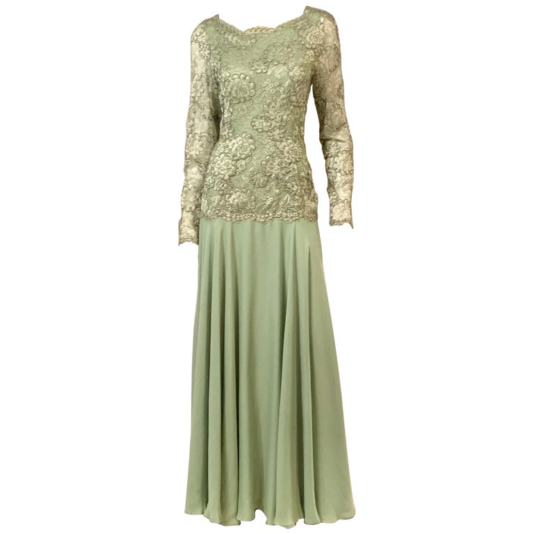 John Anthony Couture Level Green Lace And Silk Chiffon Evening Dress