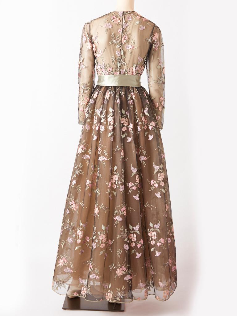 Brown John Anthony Embroidered  Tulle Evening Dress