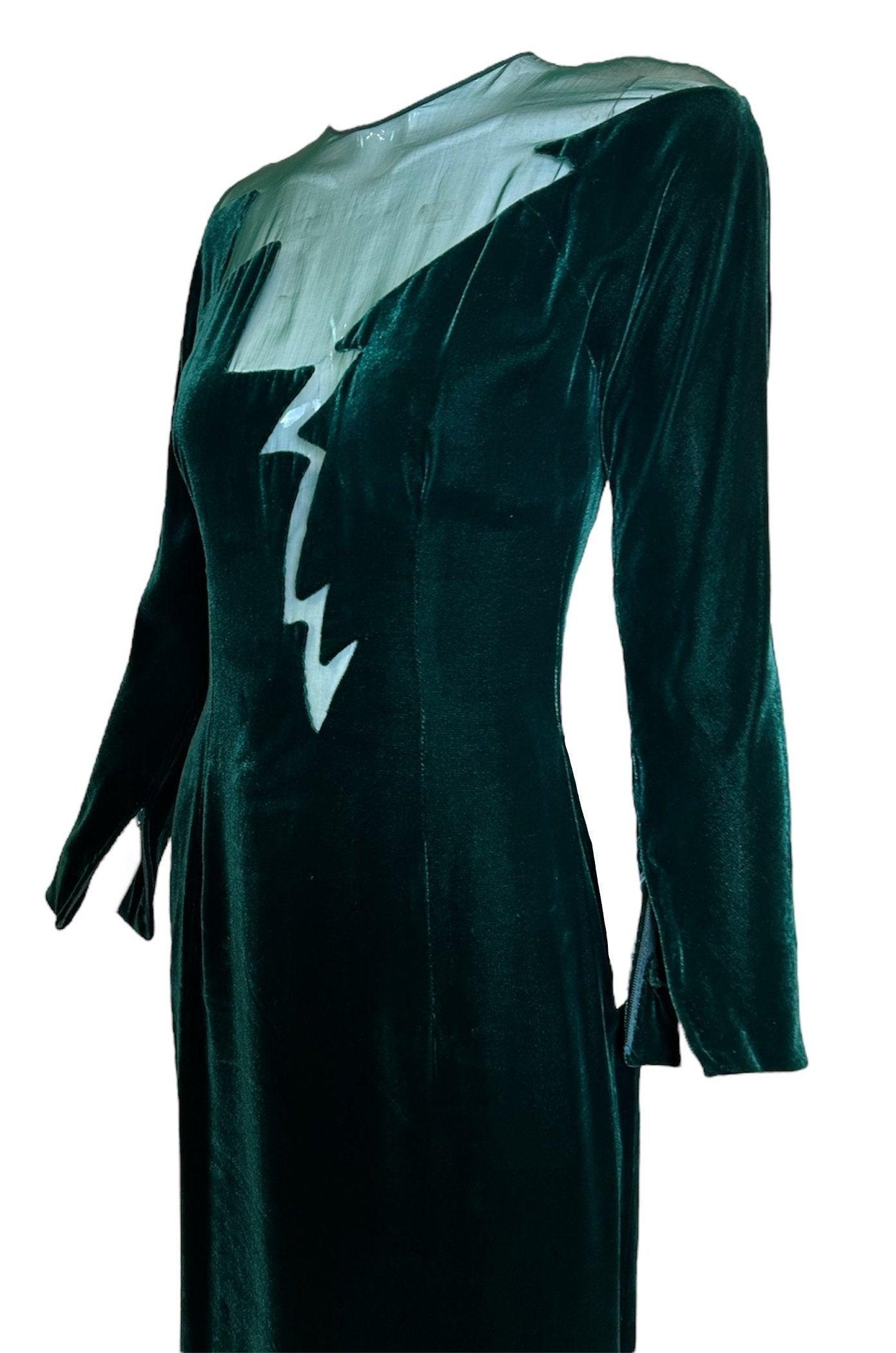 Noir Robe éclair à découpes en velours émeraude de John Anthony, années 1970 en vente