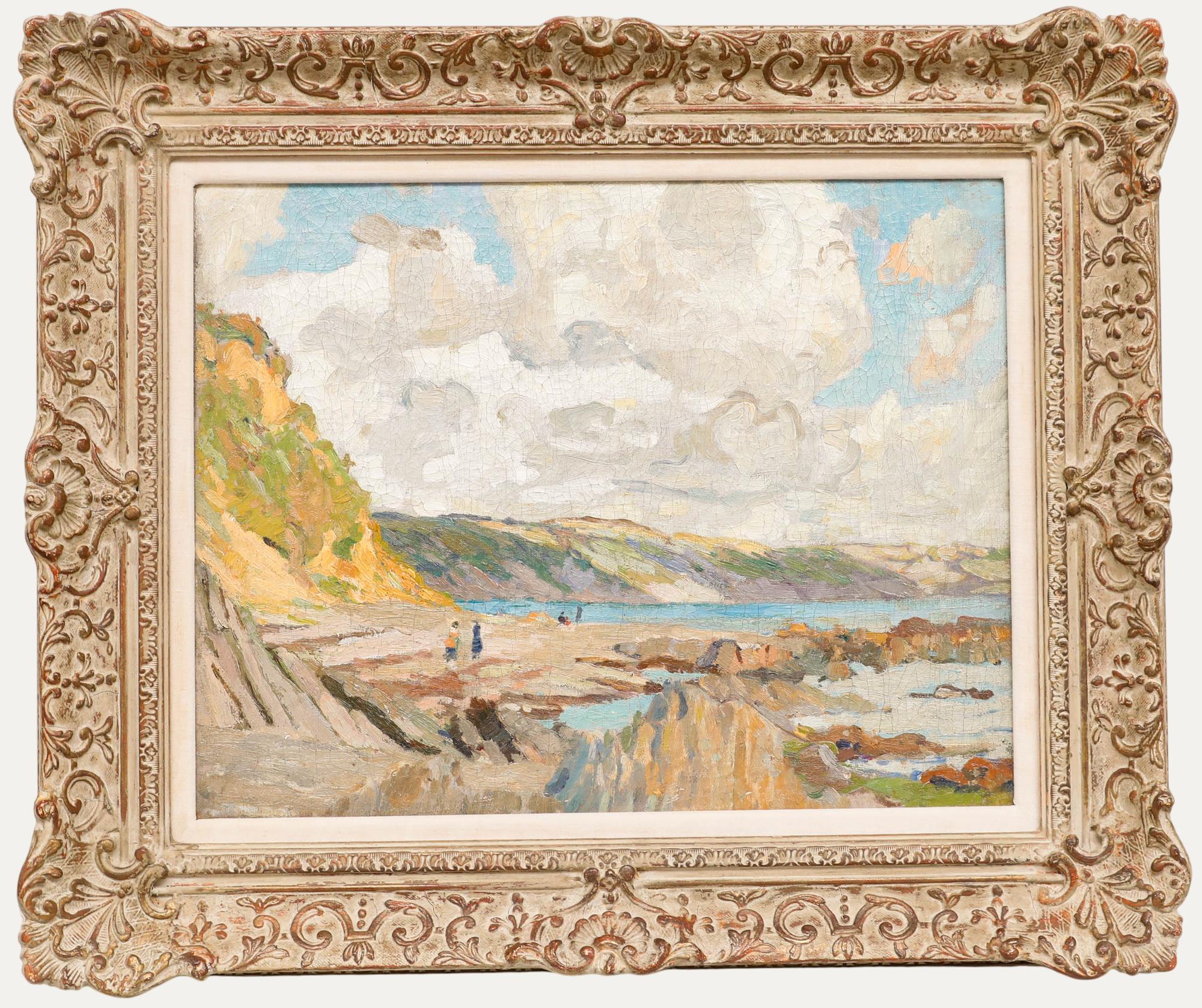The rocky shoreline and rugged cliffs of the Cornish coast are rendered in vibrant colour and expressive brushwork in this idyllic seaside scene. The dynamic brushwork used for the clouds is a particular highlight, while the minute figures provide a