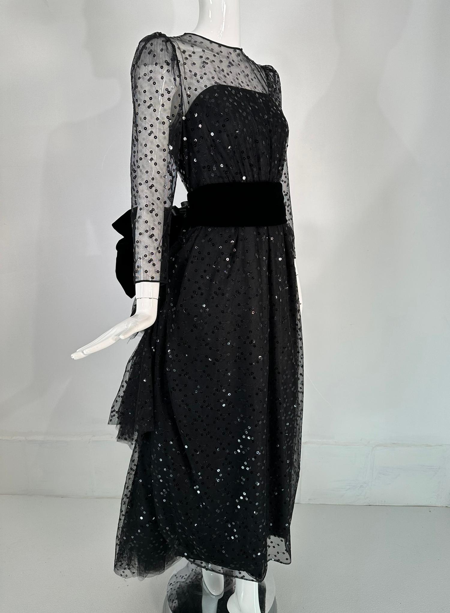 John Anthony Sequined Black Tulle Black Rose Bustle Back Evening Gown 1980s 6