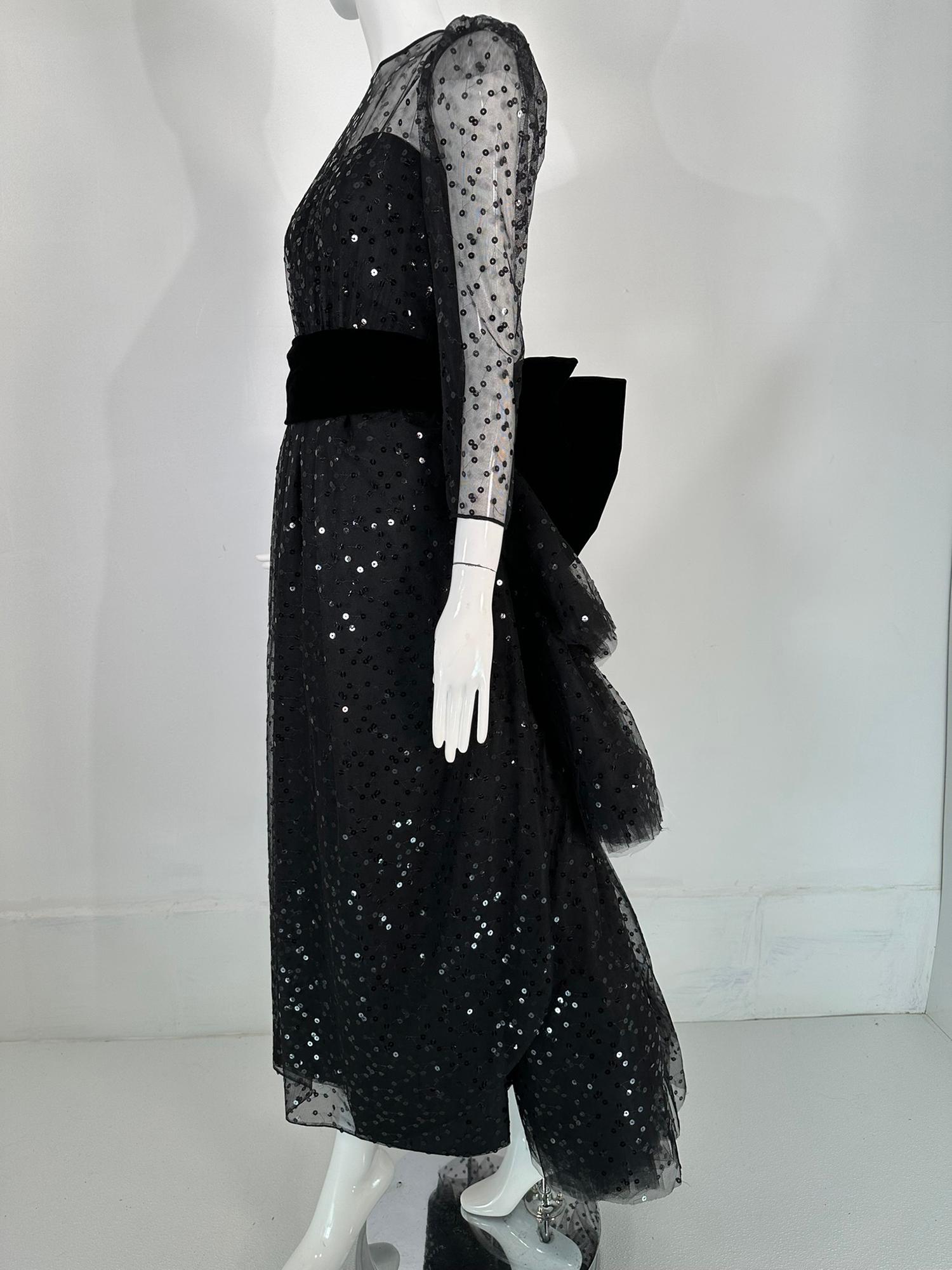 John Anthony Sequined Black Tulle Black Rose Bustle Back Evening Gown 1980s In Good Condition In West Palm Beach, FL