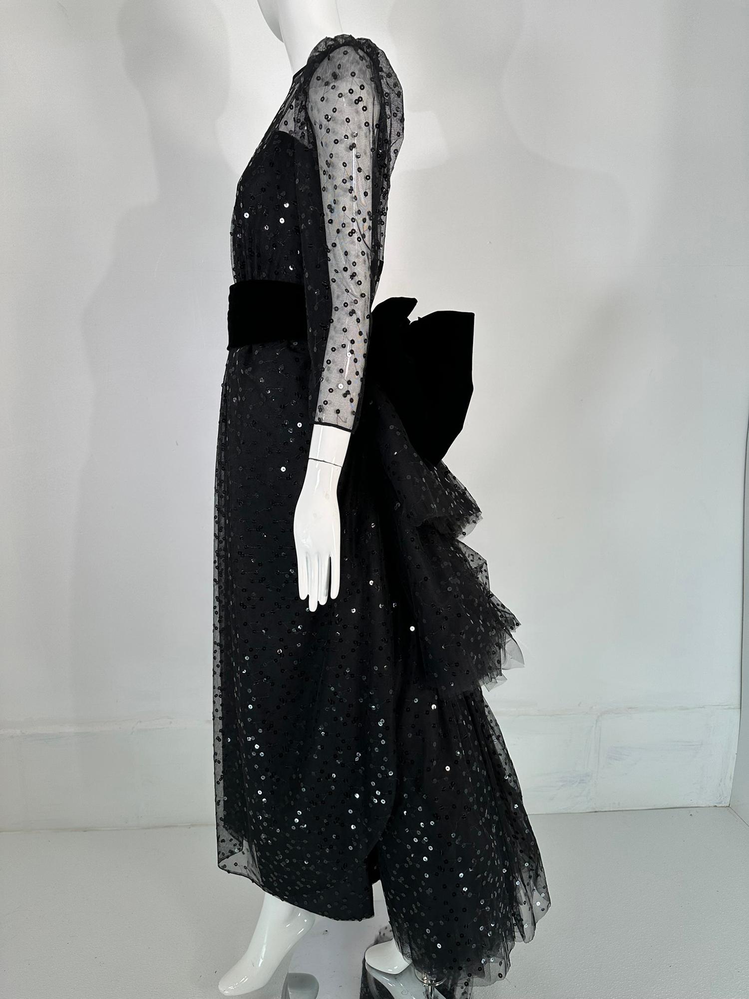 Women's John Anthony Sequined Black Tulle Black Rose Bustle Back Evening Gown 1980s