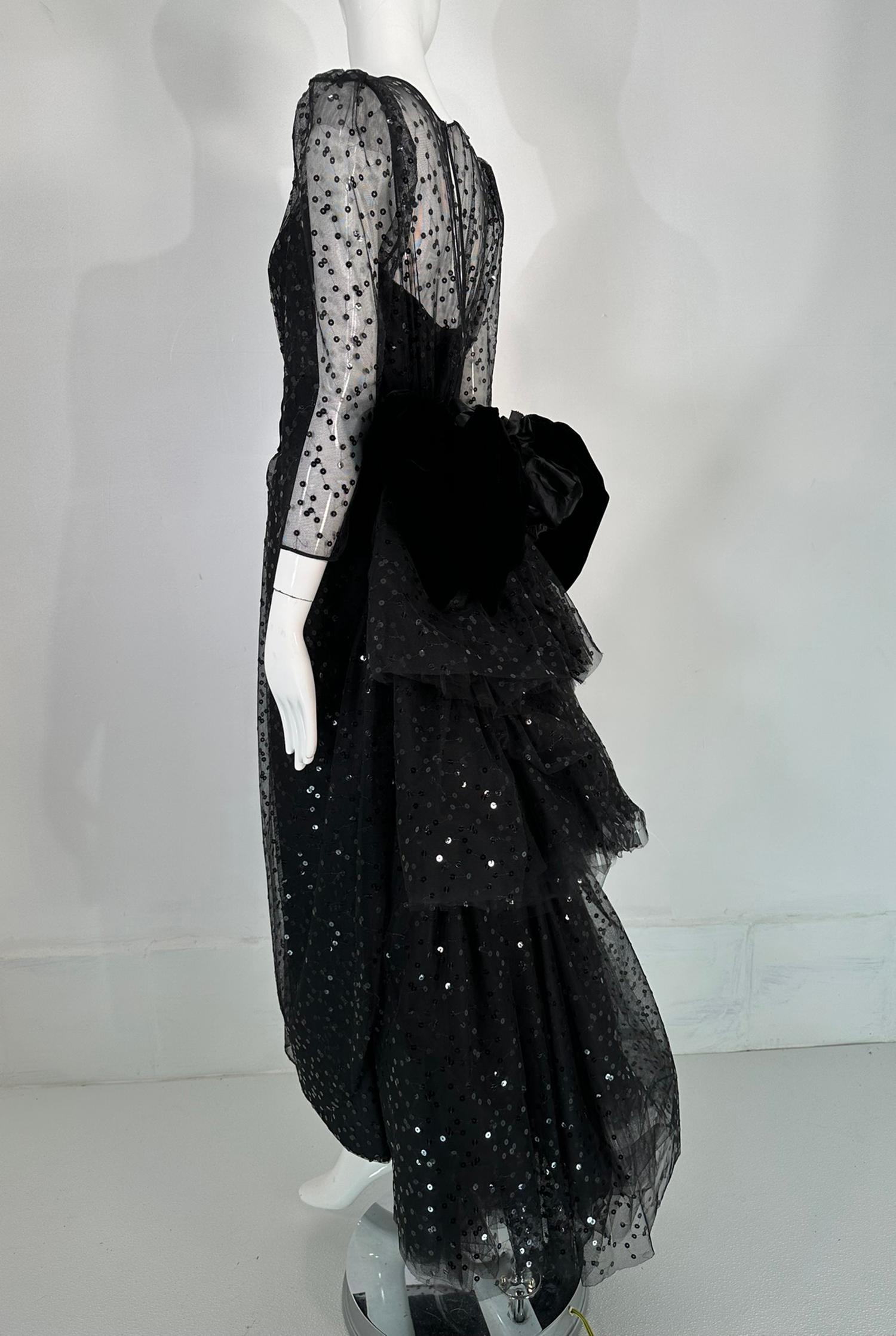 John Anthony Sequined Black Tulle Black Rose Bustle Back Evening Gown 1980s 1