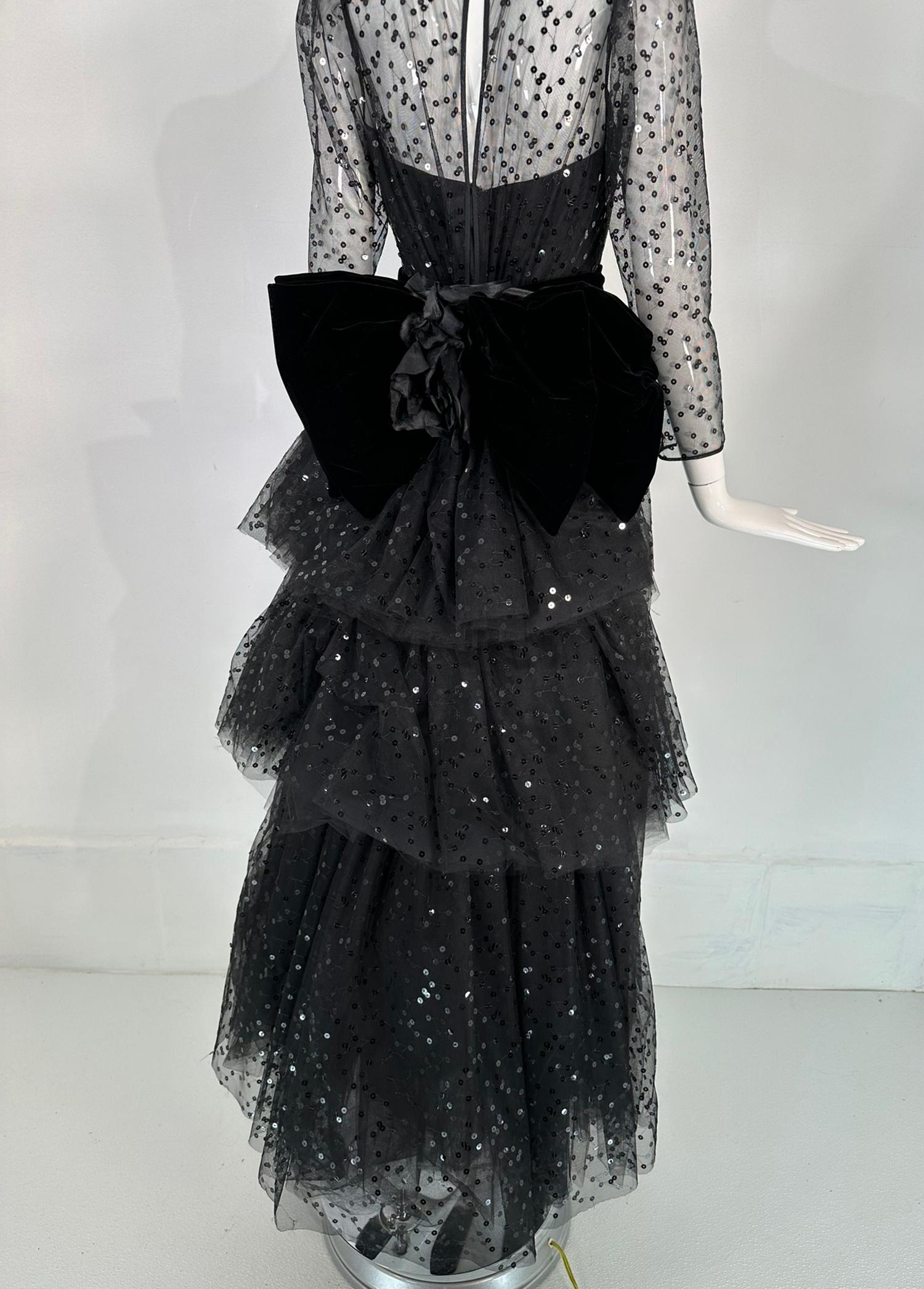 John Anthony Sequined Black Tulle Black Rose Bustle Back Evening Gown 1980s 3