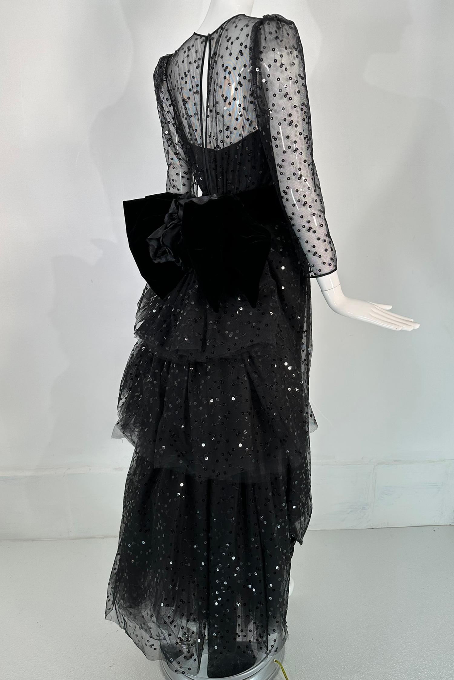 John Anthony Sequined Black Tulle Black Rose Bustle Back Evening Gown 1980s 4