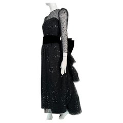 John Anthony Sequined Black Tulle Black Rose Bustle Back Evening Gown 1980s