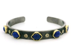 John Apel Silver & 18k Gold Diamond and Lapis Textured Open Cuff Arena Bracelet