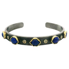 John Apel Silver & 18k Gold Diamond and Lapis Textured Open Cuff Arena Bracelet