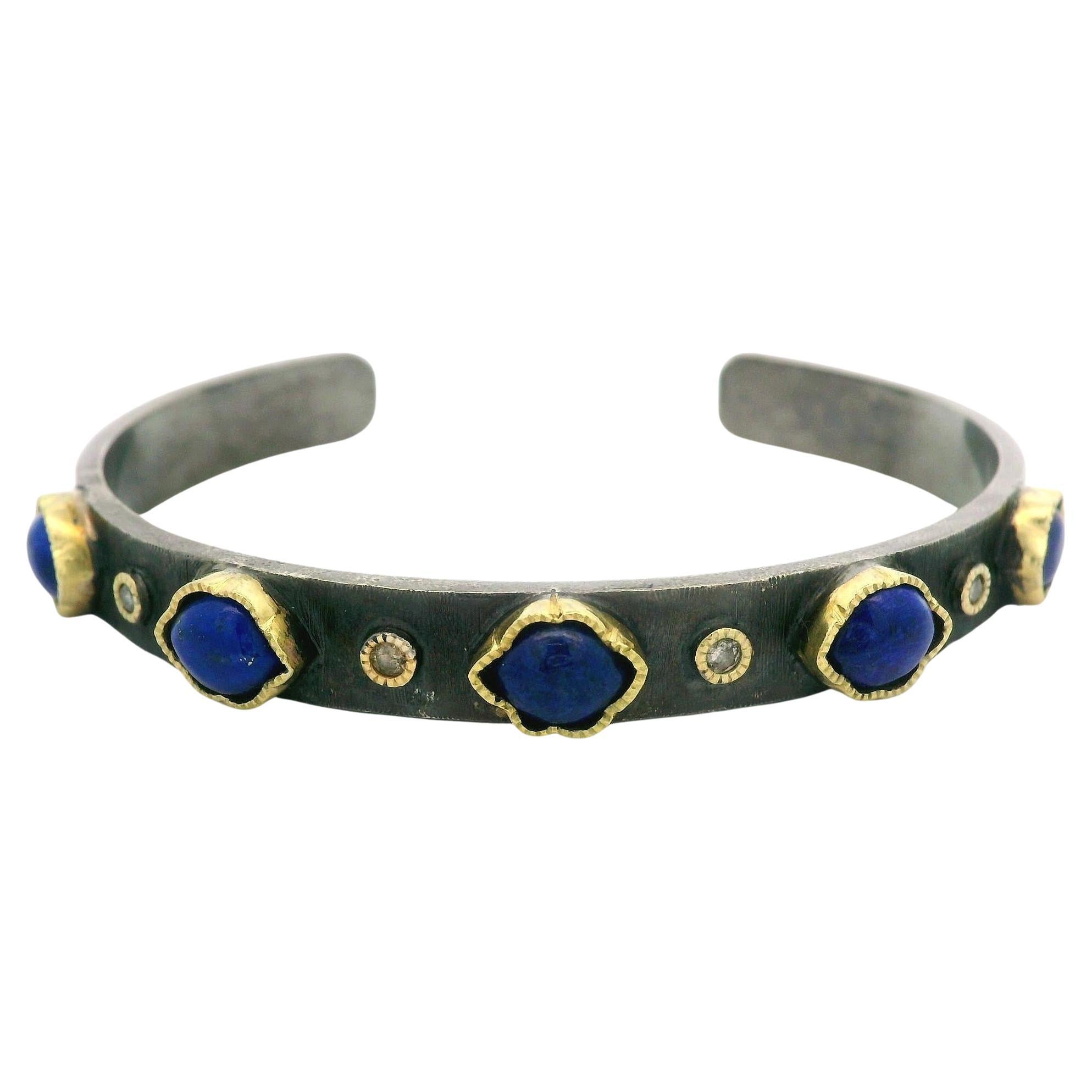 John Apel Silver & 18k Gold Diamond and Lapis Textured Open Cuff Arena Bracelet For Sale
