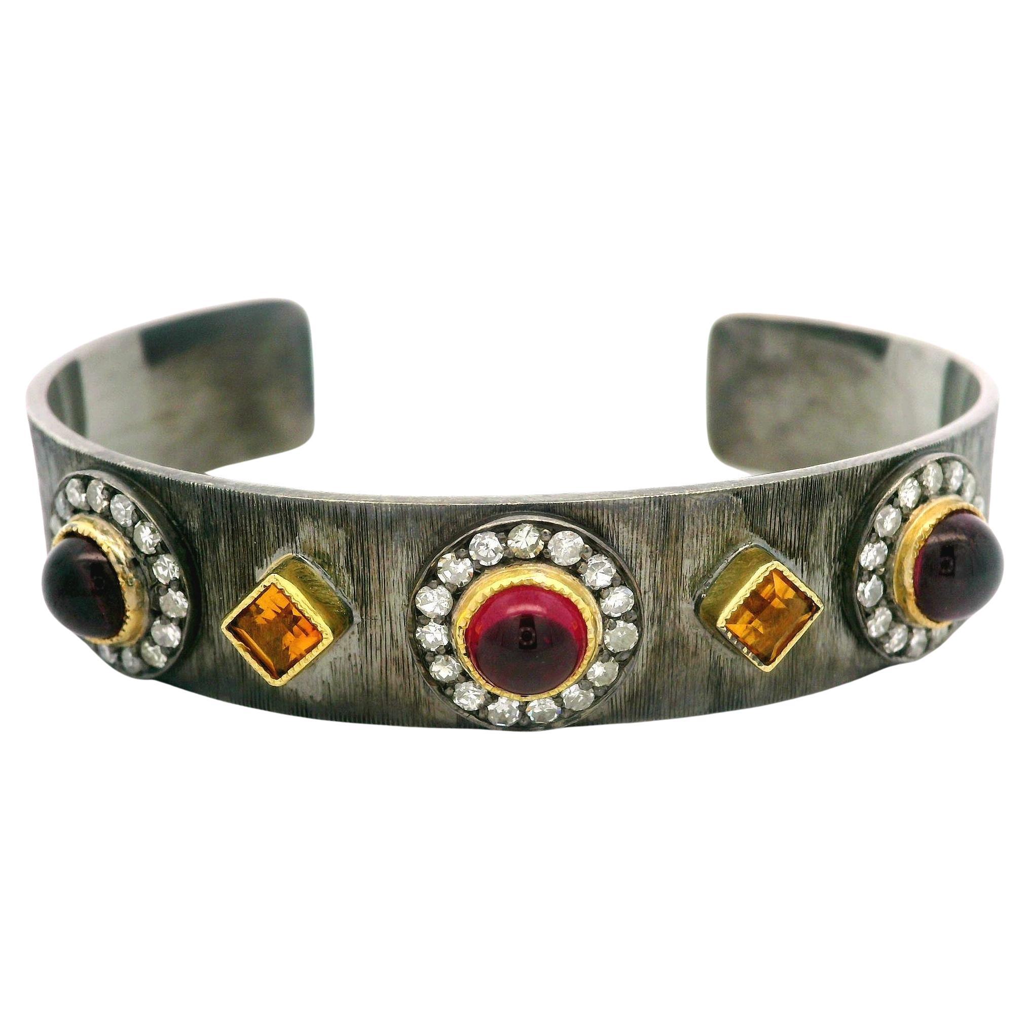 John Apel Silver & 18k Gold Garnet Citrine Diamond Arena Textured Cuff Bracelet