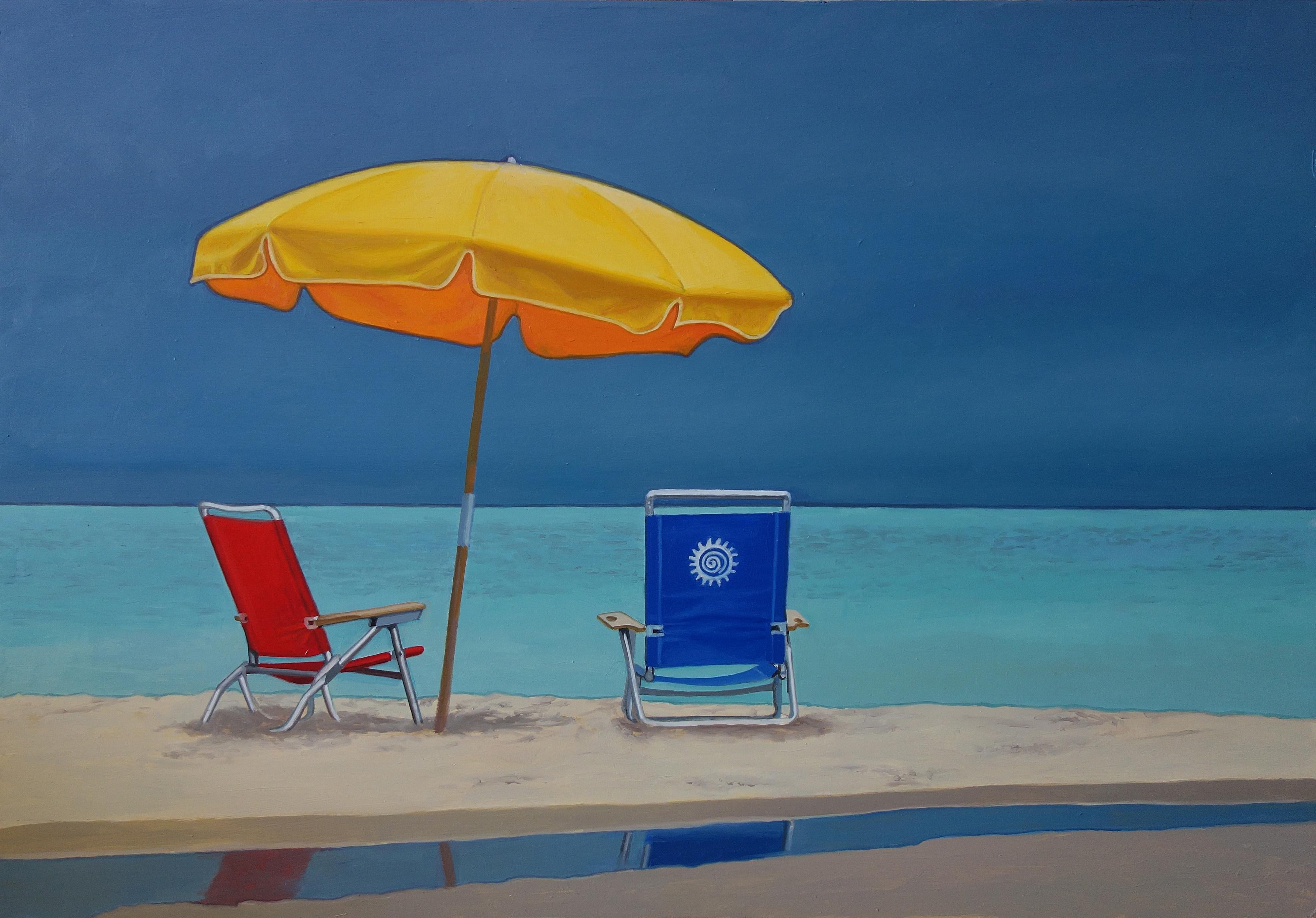 John Aquilino Still-Life Painting - Umbrella and Two Chairs