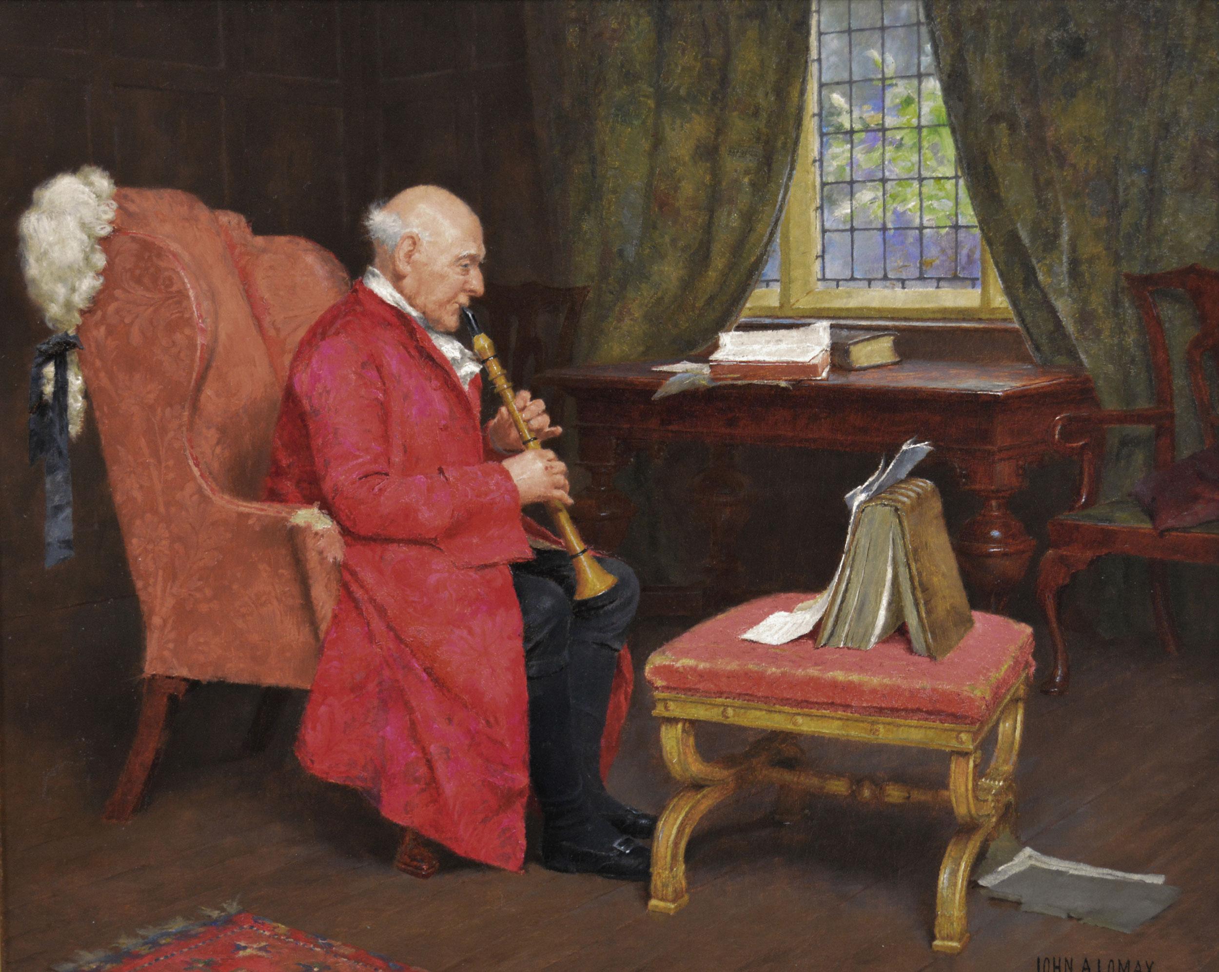 19th Century genre oil painting of man playing an oboe  - Painting by John Arthur Lomax