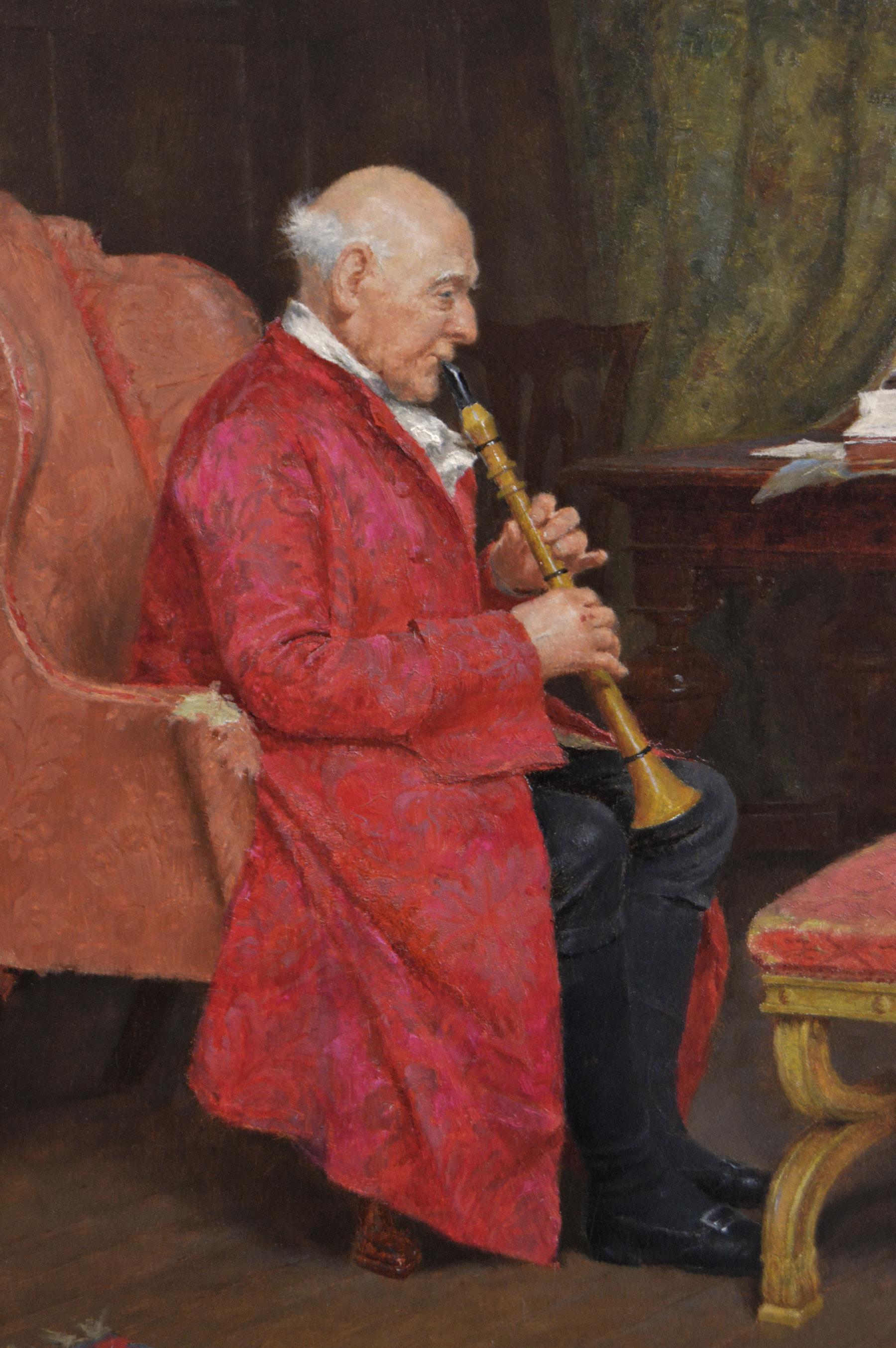19th Century genre oil painting of man playing an oboe  - Victorian Painting by John Arthur Lomax