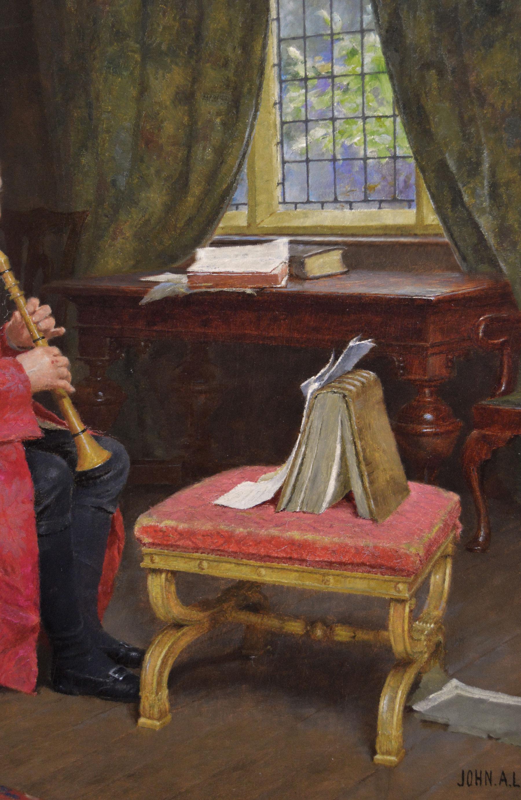 John Arthur Lomax
British, (1857-1923)
The Musician
Oil on panel, signed
Image size: 9.75 inches x 11.75 inches 
Size including frame: 19.75 inches x 21.75 inches
Provenance: Henry. J. Mullen Ltd, The James Street Galleries, Harrogate

A wonderful