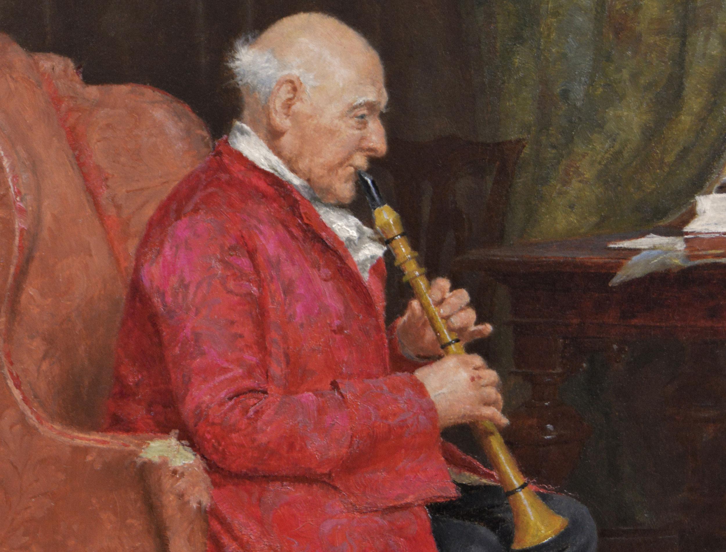 19th Century genre oil painting of man playing an oboe  For Sale 1