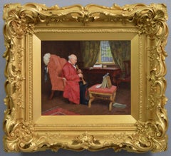 Used 19th Century genre oil painting of man playing an oboe 