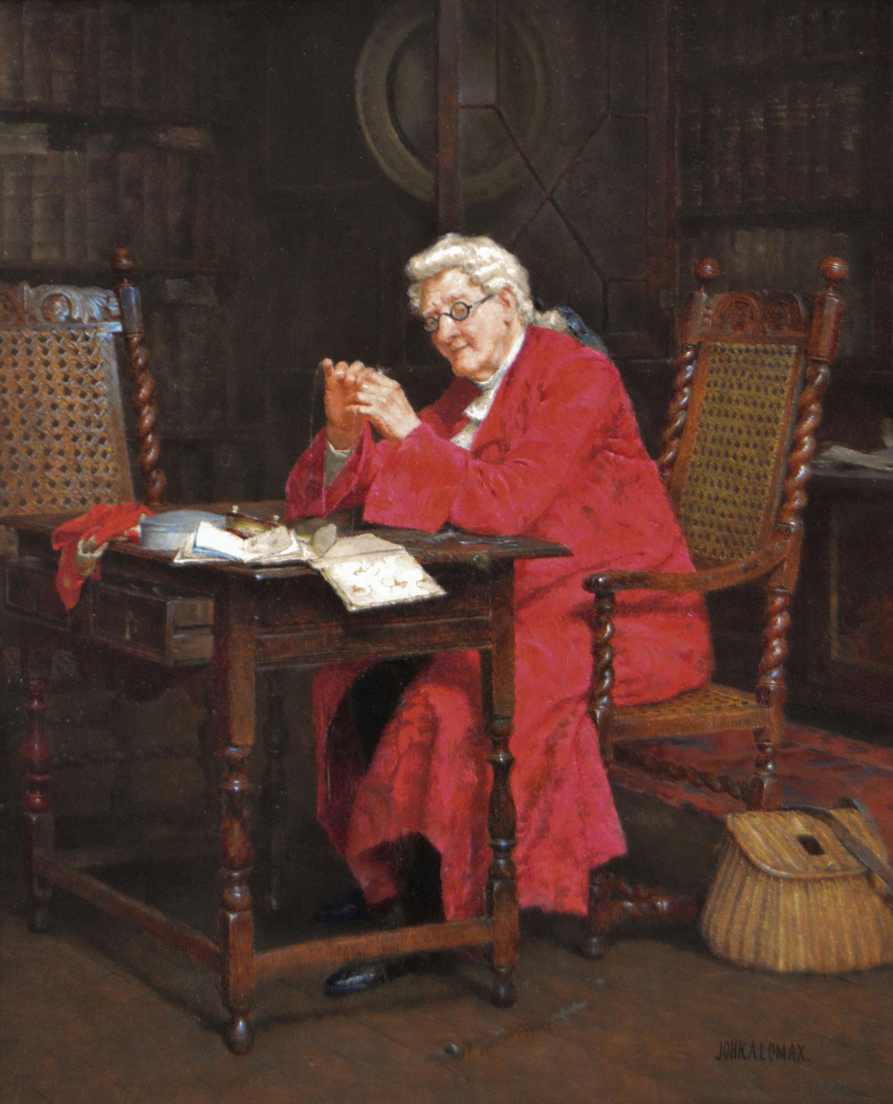 19th Century genre oil painting of man preparing fishing tackle - Painting by John Arthur Lomax