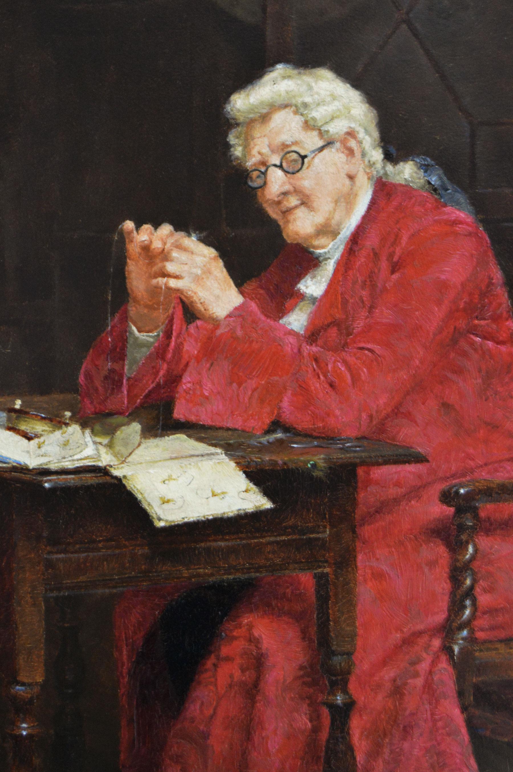 19th Century genre oil painting of man preparing fishing tackle - Victorian Painting by John Arthur Lomax