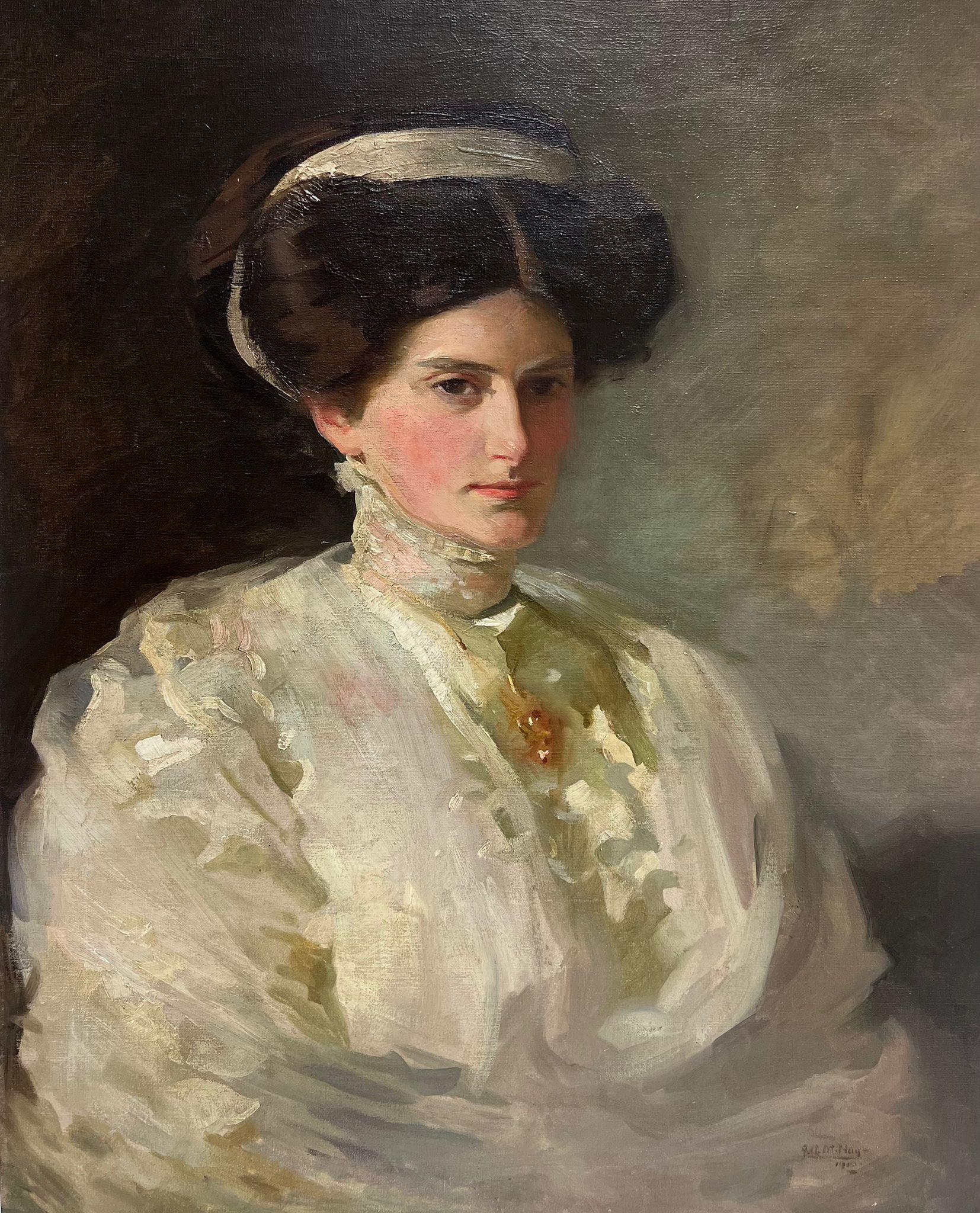 Fino retrato de sociedad británica eduardiana de una dama elegante Pintura al óleo firmada - Painting de John Arthur Machray Hay (1887-1960)