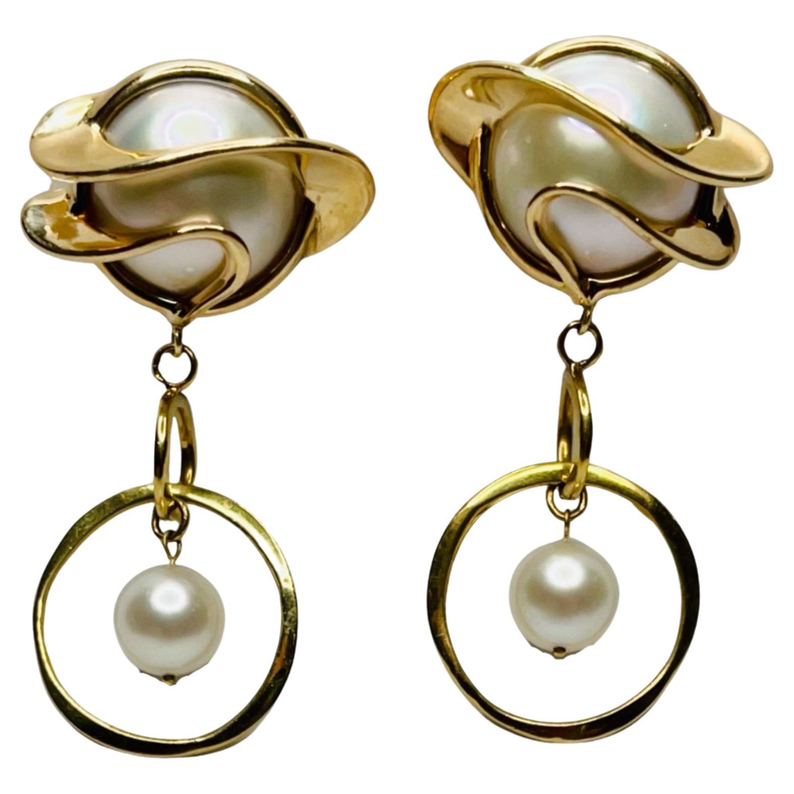 John Atencio 18K Yellow Gold "Slinky" & 14K Yellow Gold Mabe Pearl Earrings For Sale