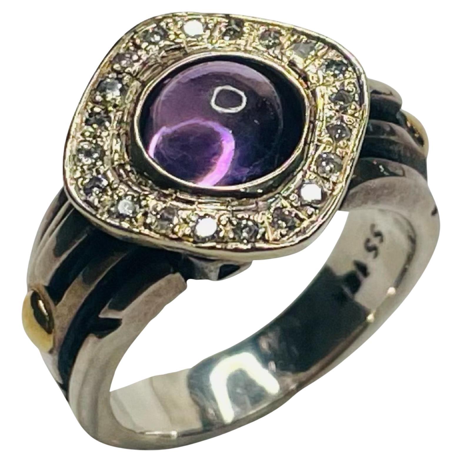 John Atencio Amethyst and Diamond 18K and Sterling Silver Ring For Sale