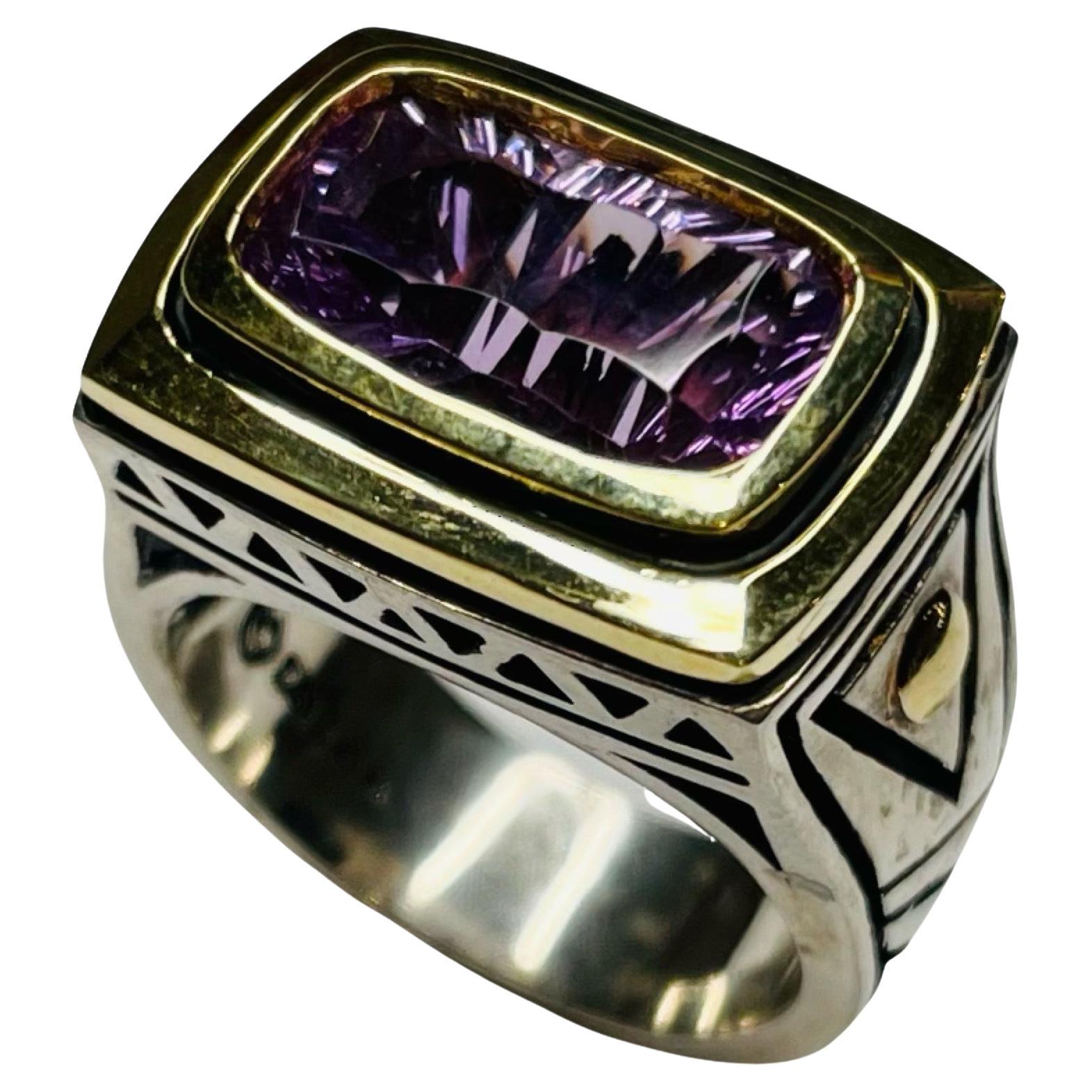 John Atencio "Golden Gate Horizontal Ring" 18KY Gold, Silver and Amethyst For Sale