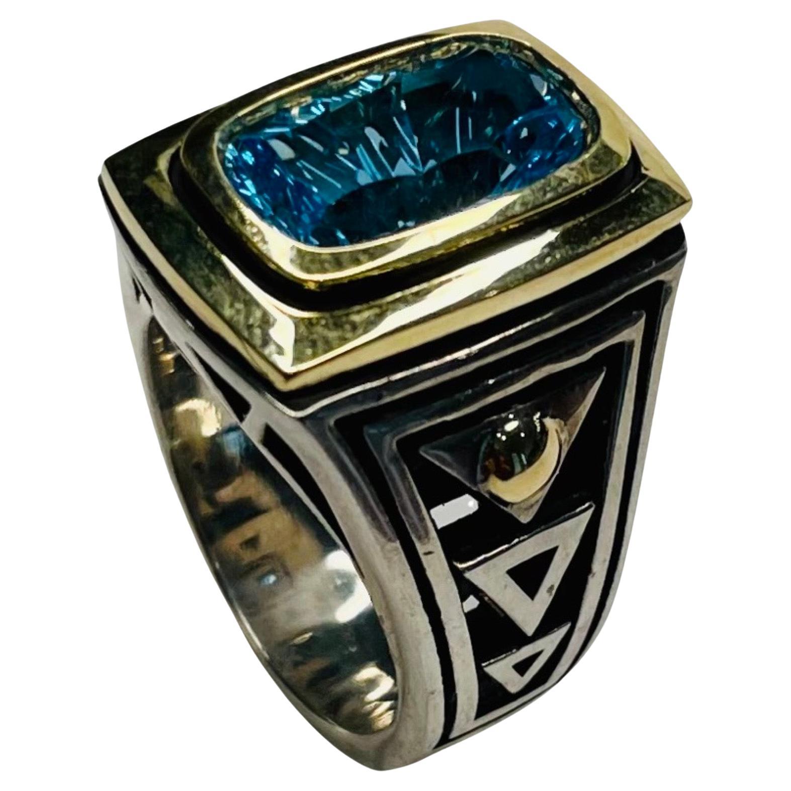 John Atencio "Golden Gate Vertical" Ring Faceted Blue Topaz 18KY and Sterling For Sale