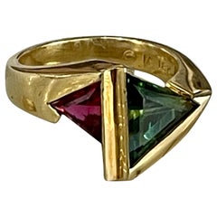 John Atencio Green and Red Triangle Cut Tourmaline 18 Karat Yellow Gold Ring