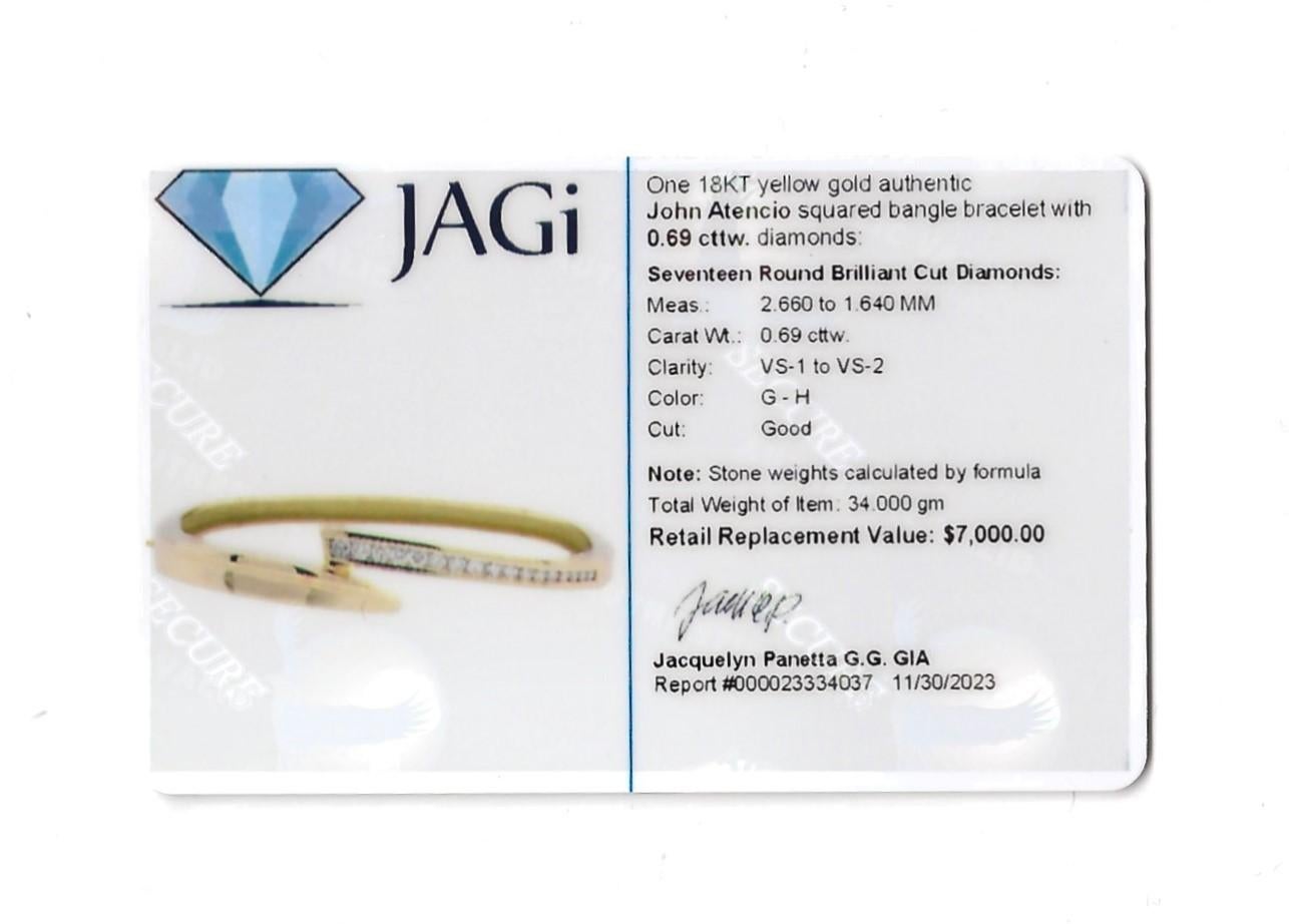 John Atencio Squared Bangle Bracelet with Diamonds Set in 18 Karat Yellow Gold  For Sale 3