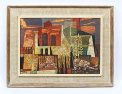 Antique American Modernist Exhibited Large Abstract Cityscape Rare Oil Painting